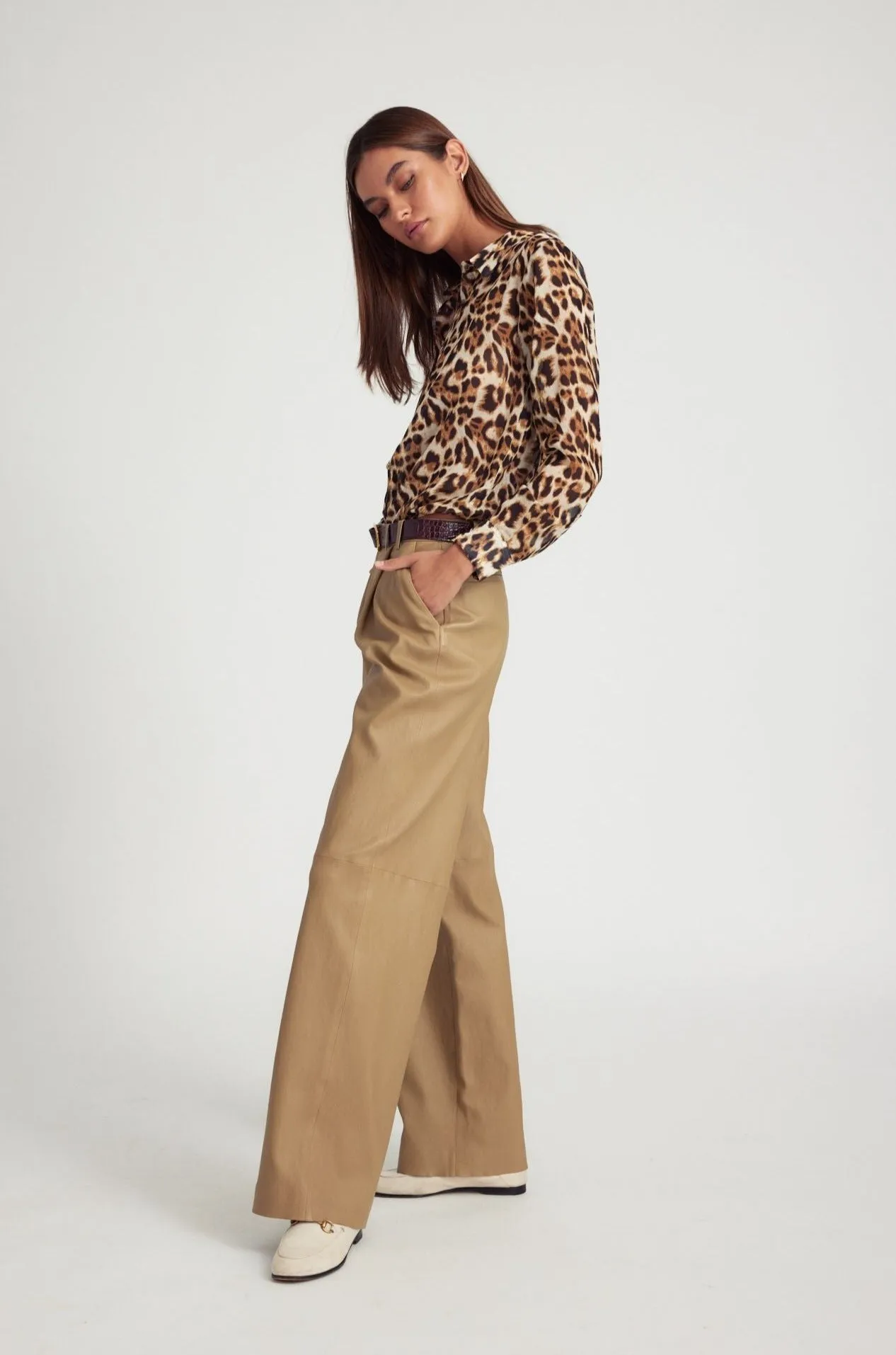 Khaki Leather Pleated Trousers