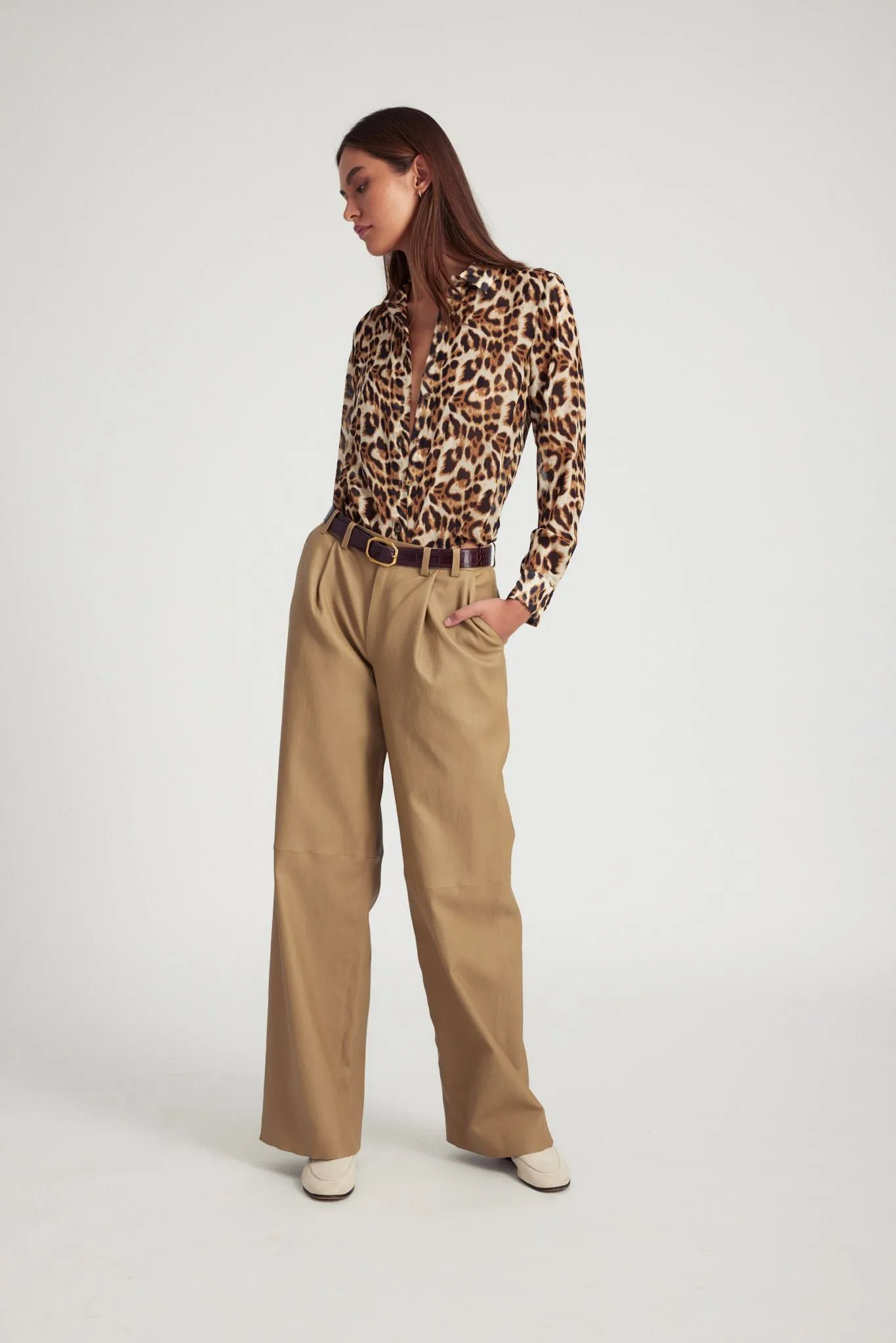 Khaki Leather Pleated Trousers