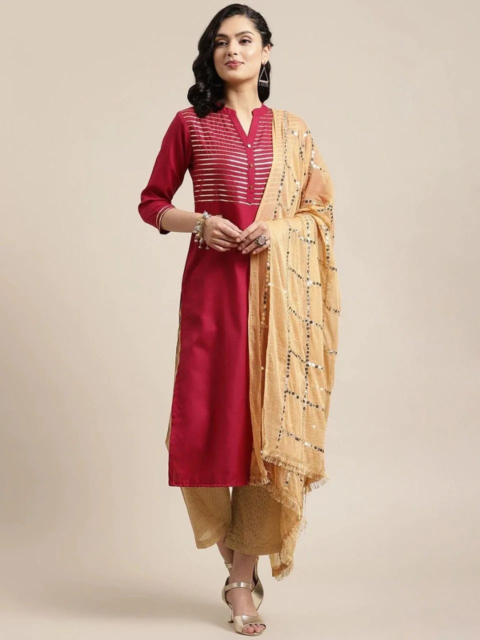 Ksut Magenta Ethnic Motifs Yoke Design Regular Sequinned Kurta With Trousers With Dupatta