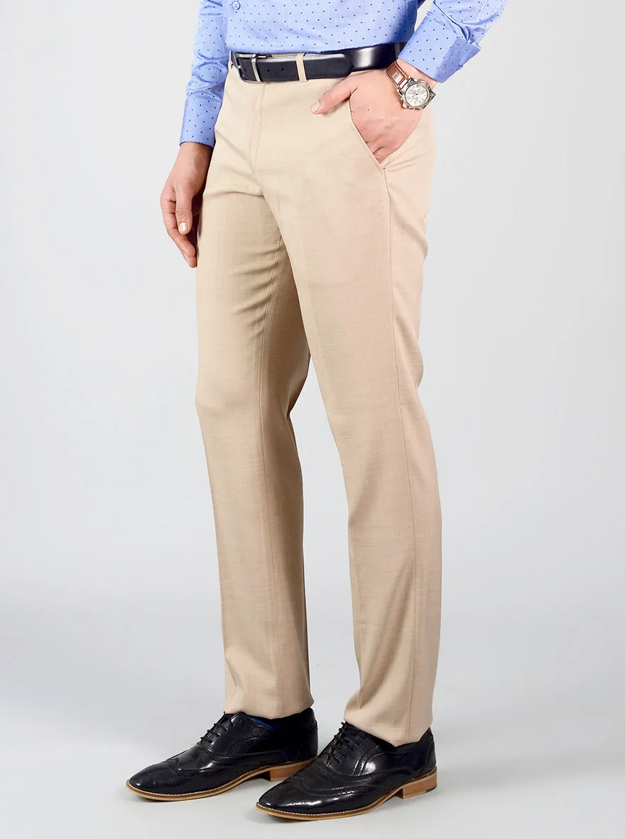 Light Khaki Self Design Slim Fit Formal Trouser | JadeBlue