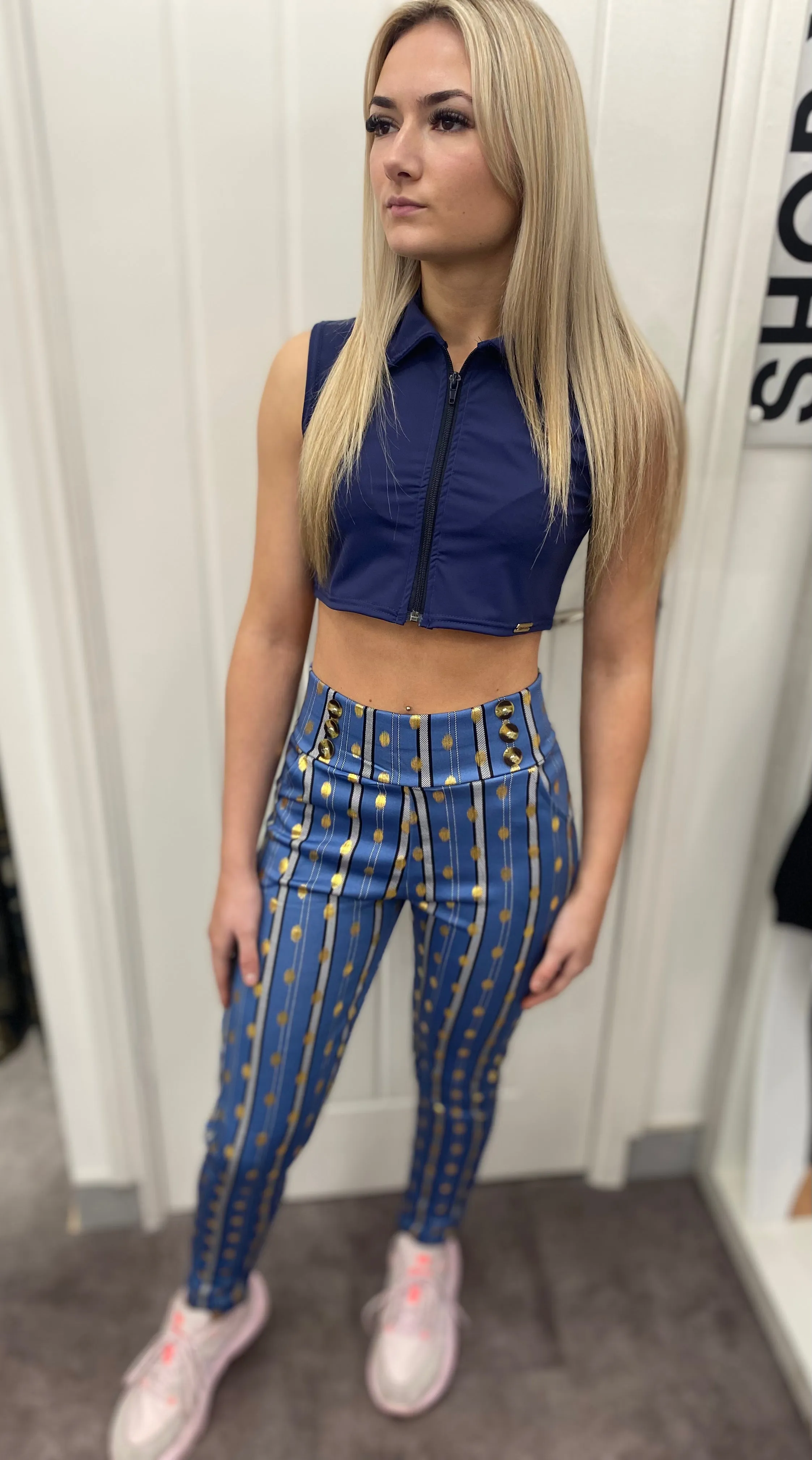 LYCRA GOLD BLUE  BUTTON LEGGINGS & ZIP COLLAR TOP