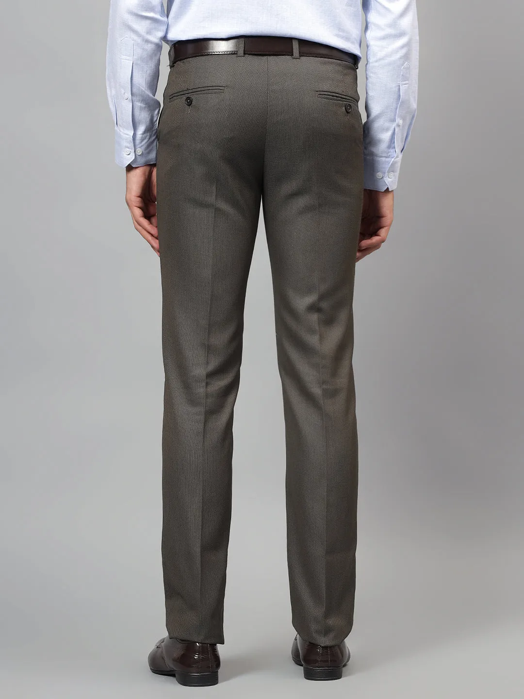 Men's Khaki Self-Design Non-Pleated Formal Trouser