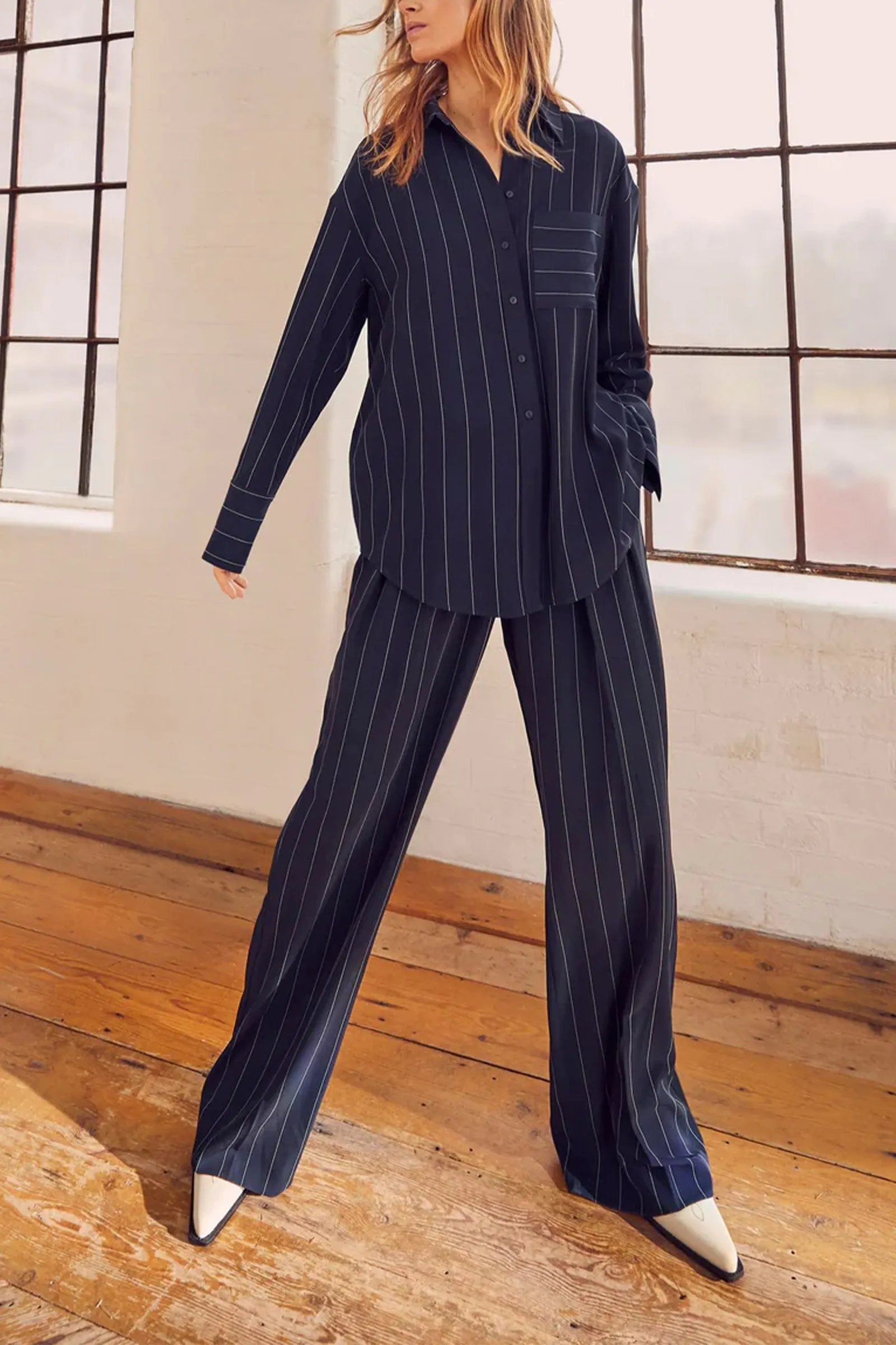 Navy Pinstripe Oversized Shirt & Wide Trousers