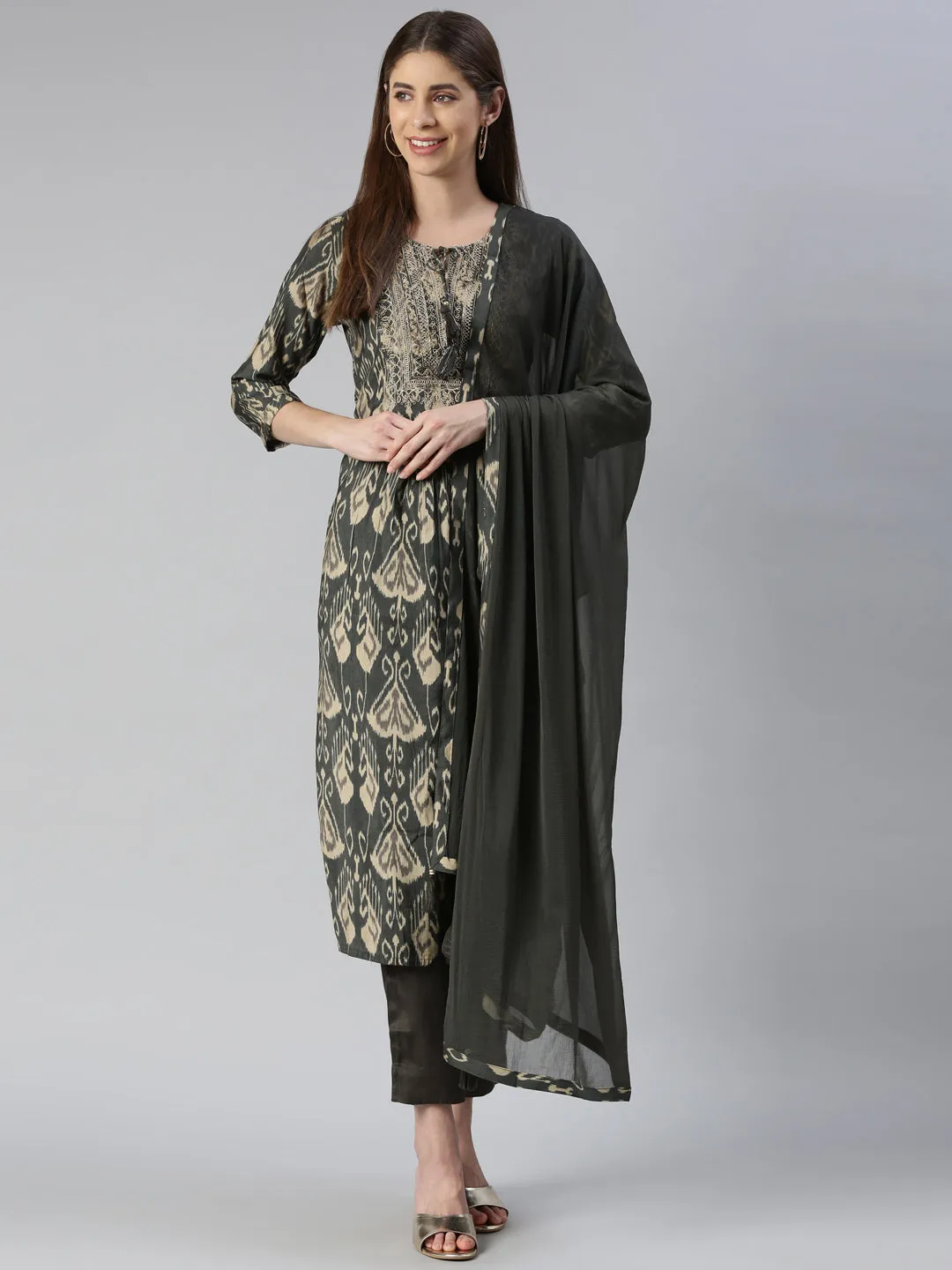 Neeru's Women Olive Yoke Design Calf Length Kurta And Trousers With Dupatta