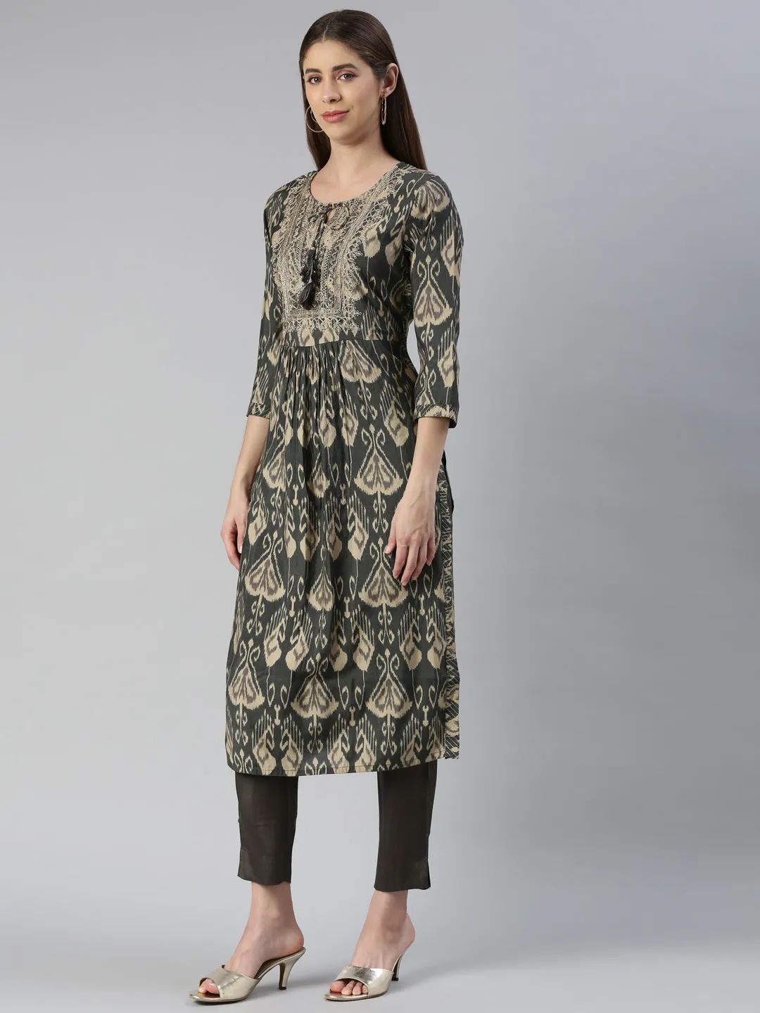 Neeru's Women Olive Yoke Design Calf Length Kurta And Trousers With Dupatta