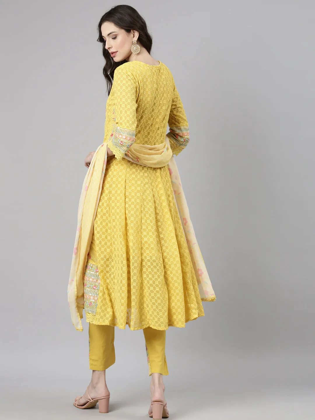 Neerus Yellow Casual  Anarkali Kurta and Trousers With Dupatta