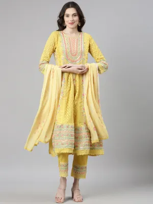 Neerus Yellow Casual  Anarkali Kurta and Trousers With Dupatta