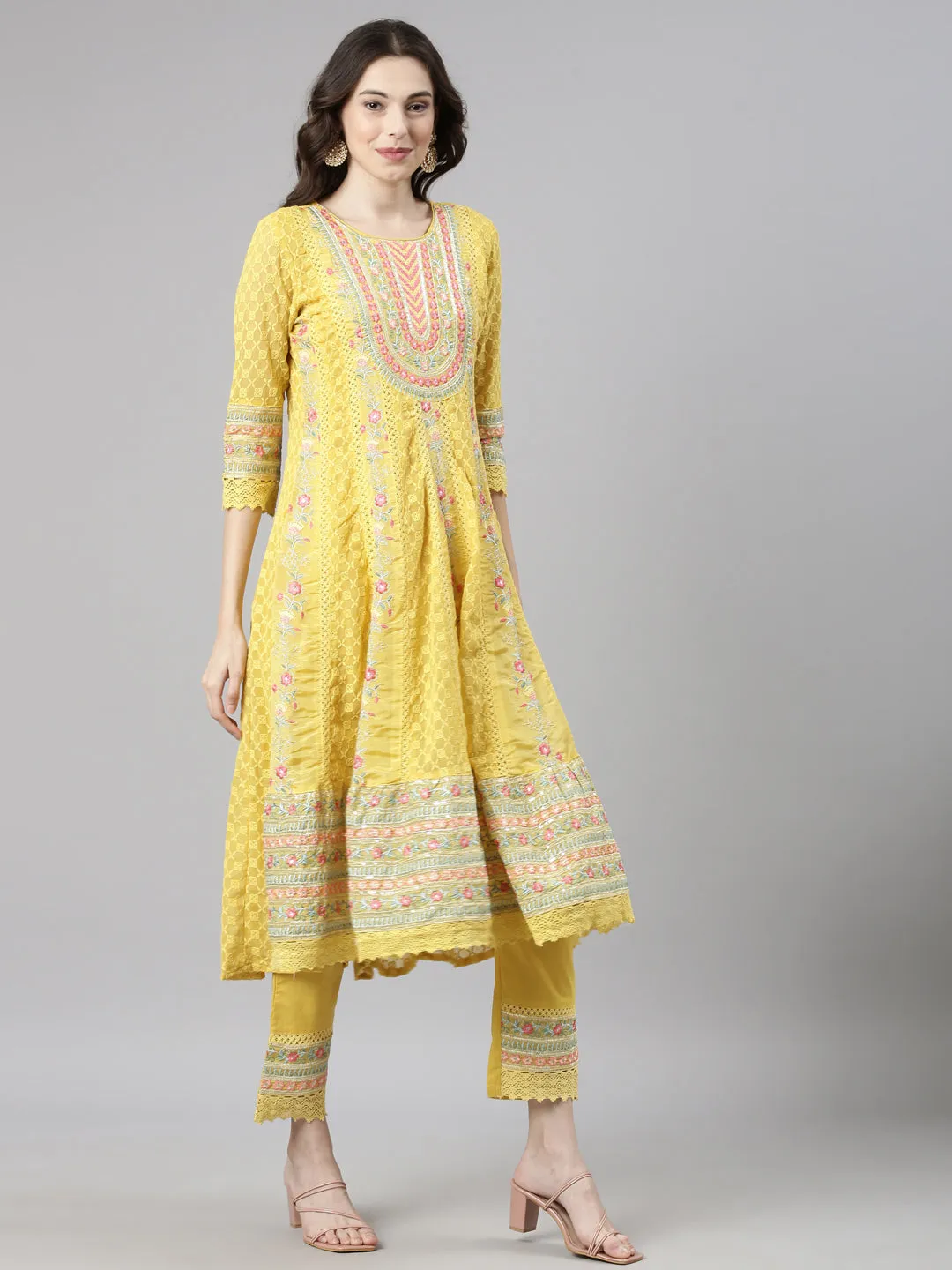 Neerus Yellow Casual  Anarkali Kurta and Trousers With Dupatta