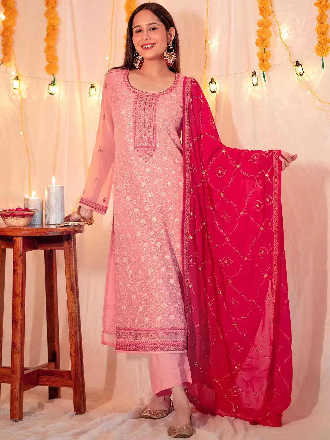 Peach Embroidered Georgette Straight Suit With Dupatta