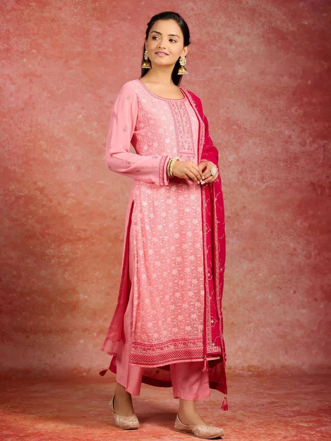 Peach Embroidered Georgette Straight Suit With Dupatta