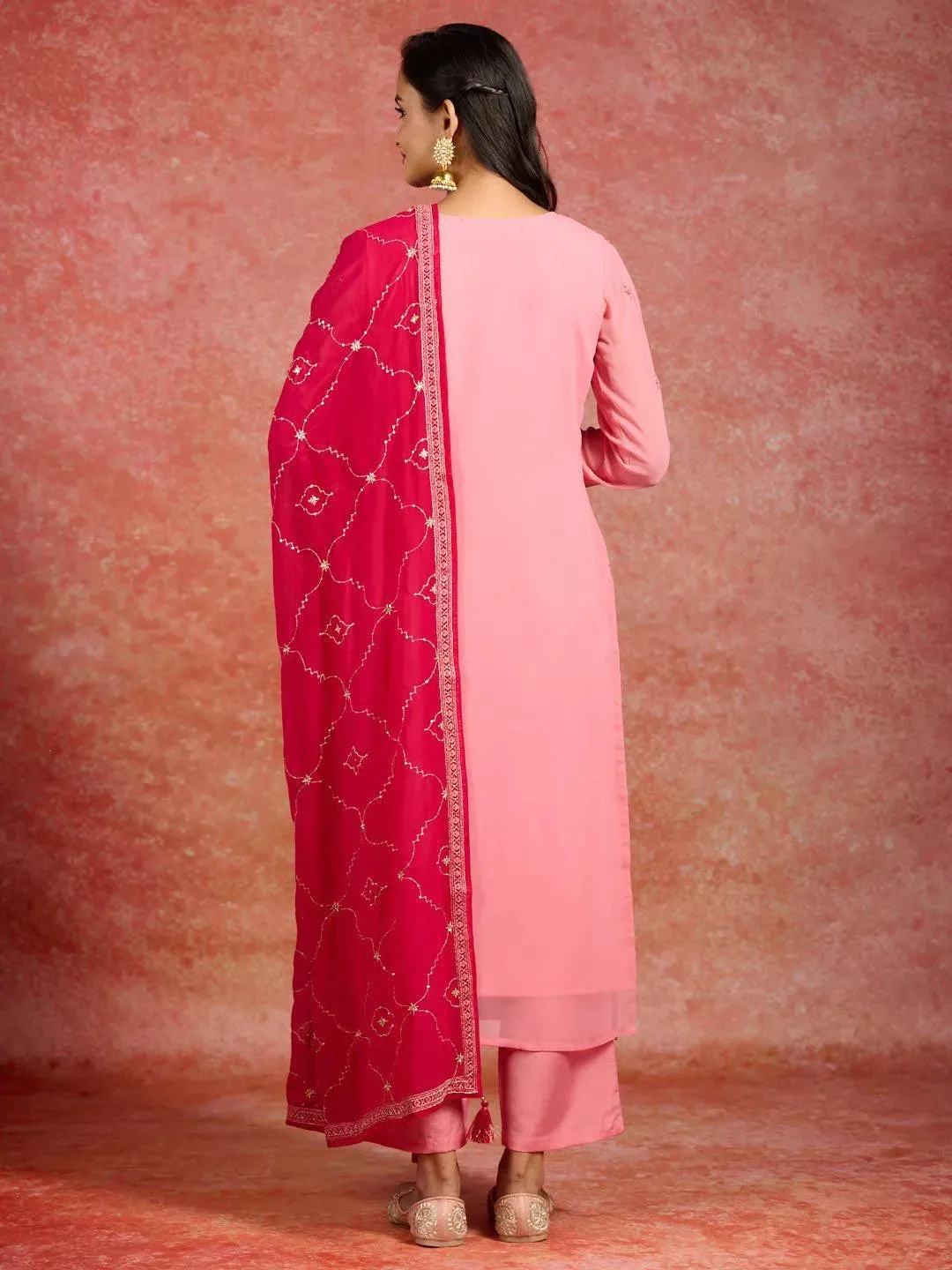 Peach Embroidered Georgette Straight Suit With Dupatta