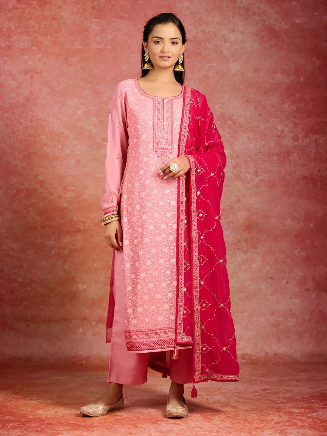 Peach Embroidered Georgette Straight Suit With Dupatta