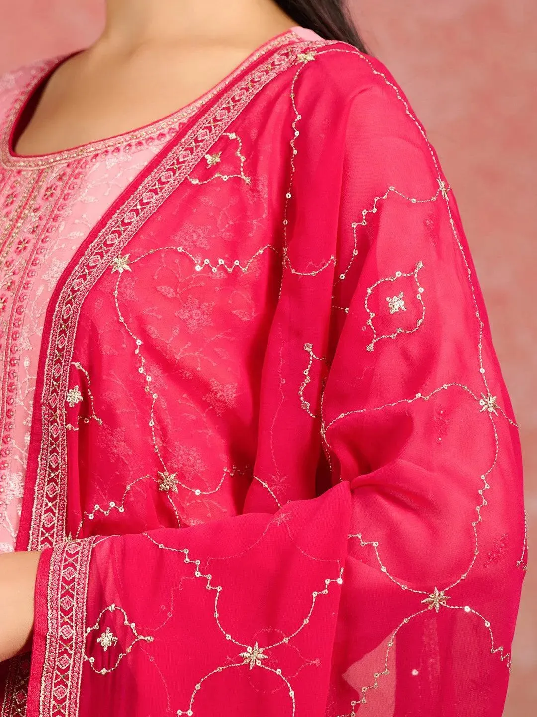 Peach Embroidered Georgette Straight Suit With Dupatta