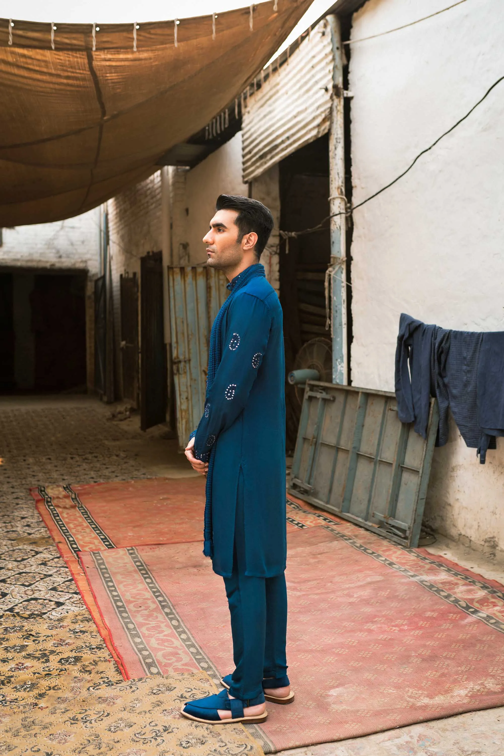 Peacock Blue Mirror Embroidered Kurta Set