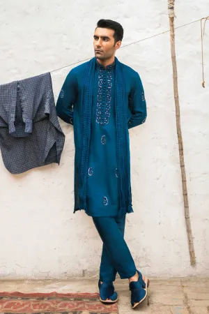 Peacock Blue Mirror Embroidered Kurta Set