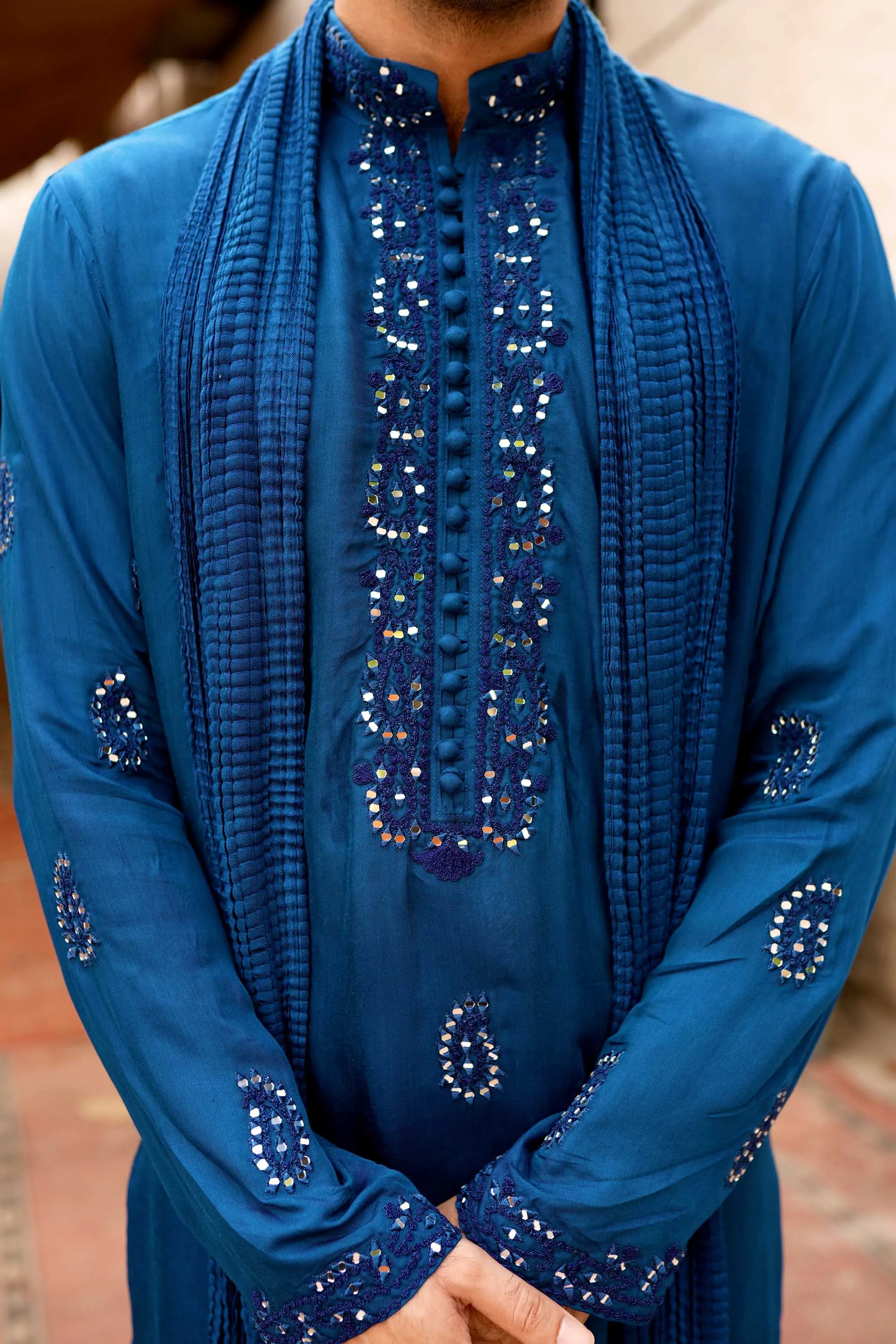 Peacock Blue Mirror Embroidered Kurta Set