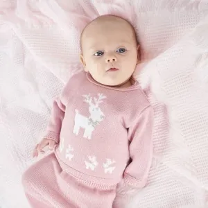 Pink Christmas Reindeer Knit Outfit Set – Top & Trousers