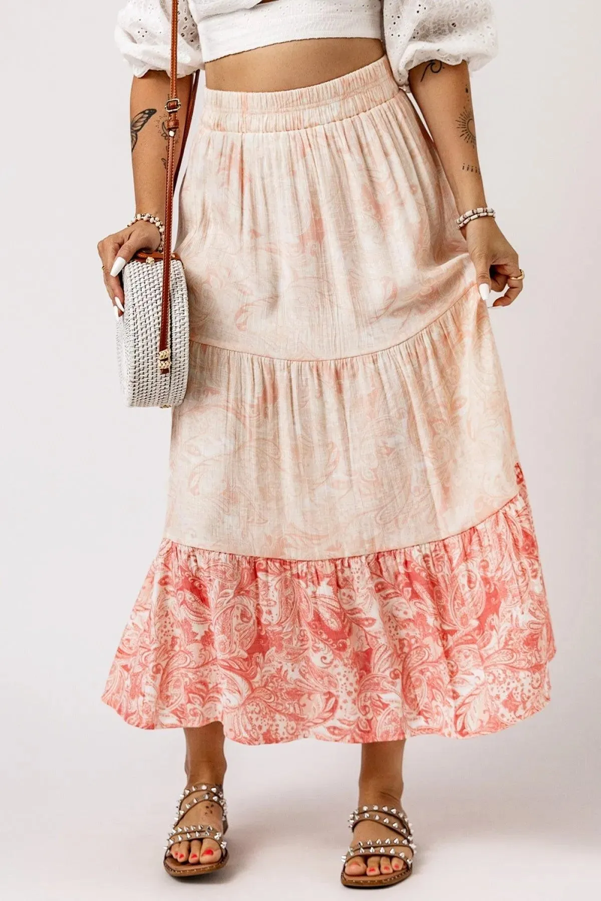 Pink Floral Print Ruffle Hem Tiered Maxi Skirt