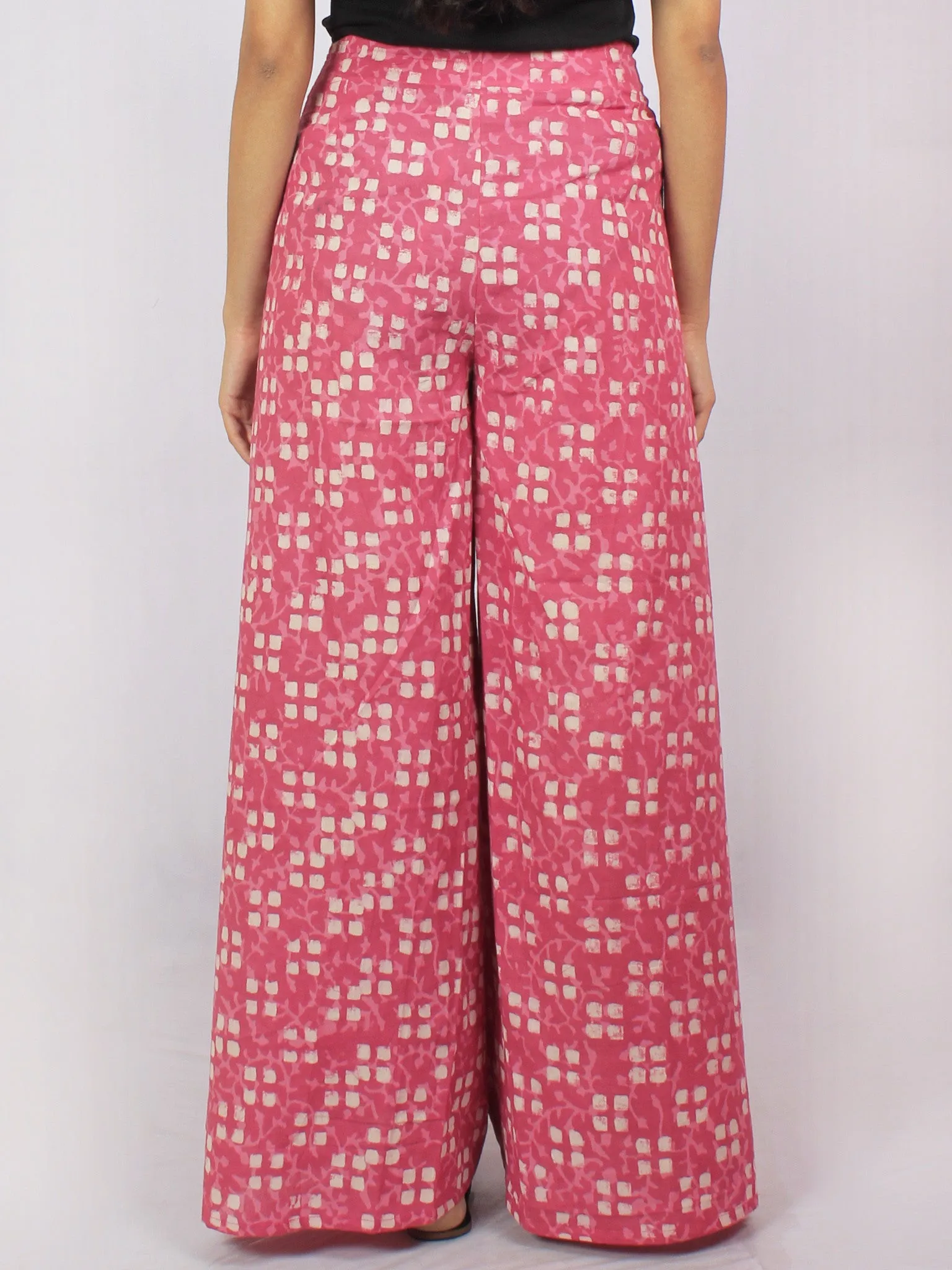 Pink Ivory Hand Block Printed Free Size Tie Up Wrap Around Trousers - T0317041