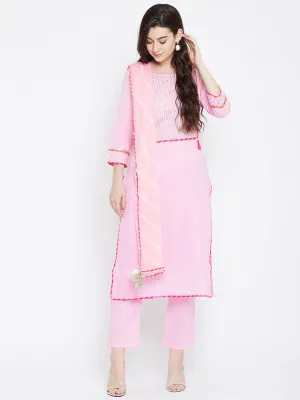 Pink Self Design Kurta With Trousers Dupatta