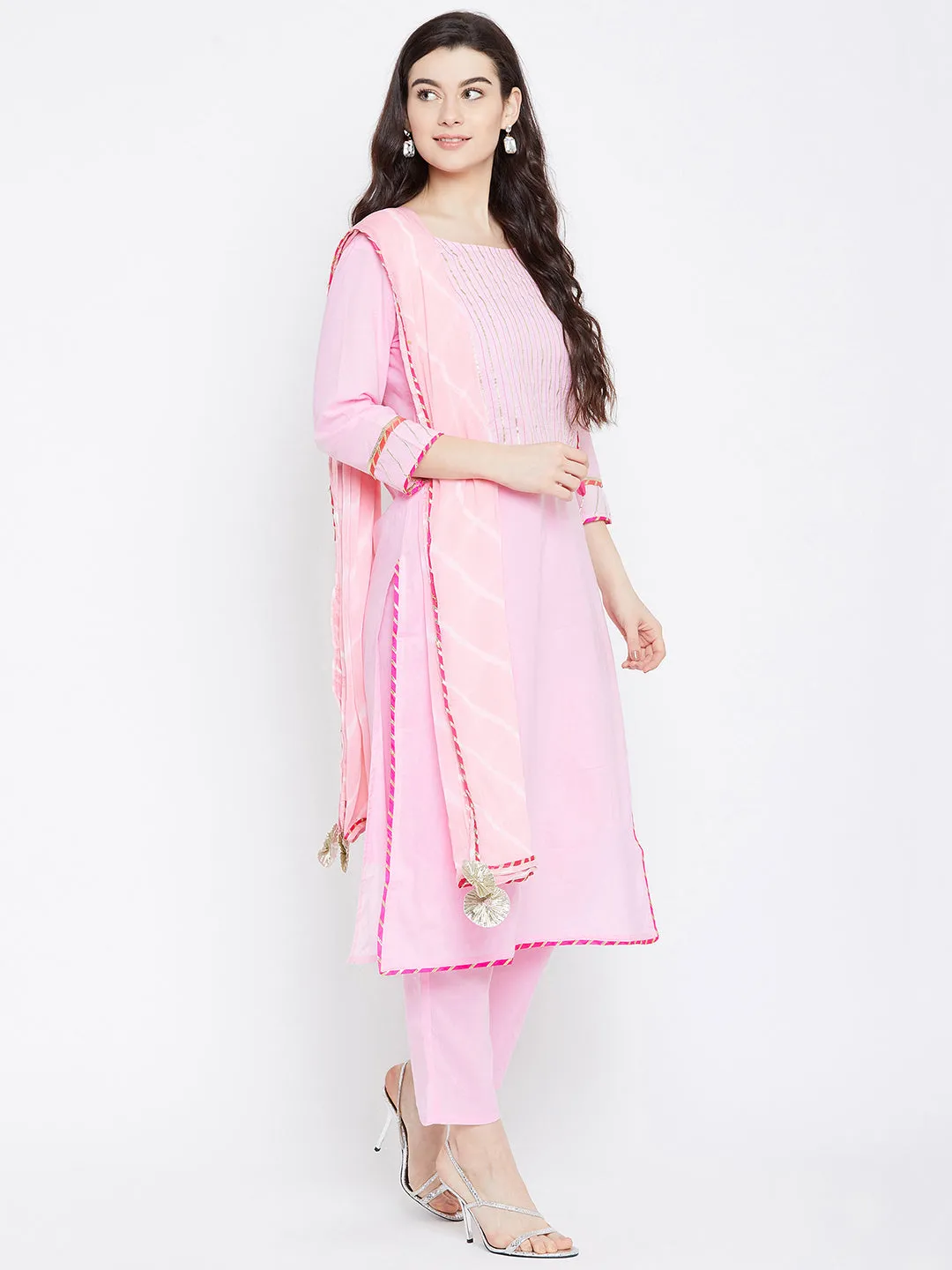 Pink Self Design Kurta With Trousers Dupatta