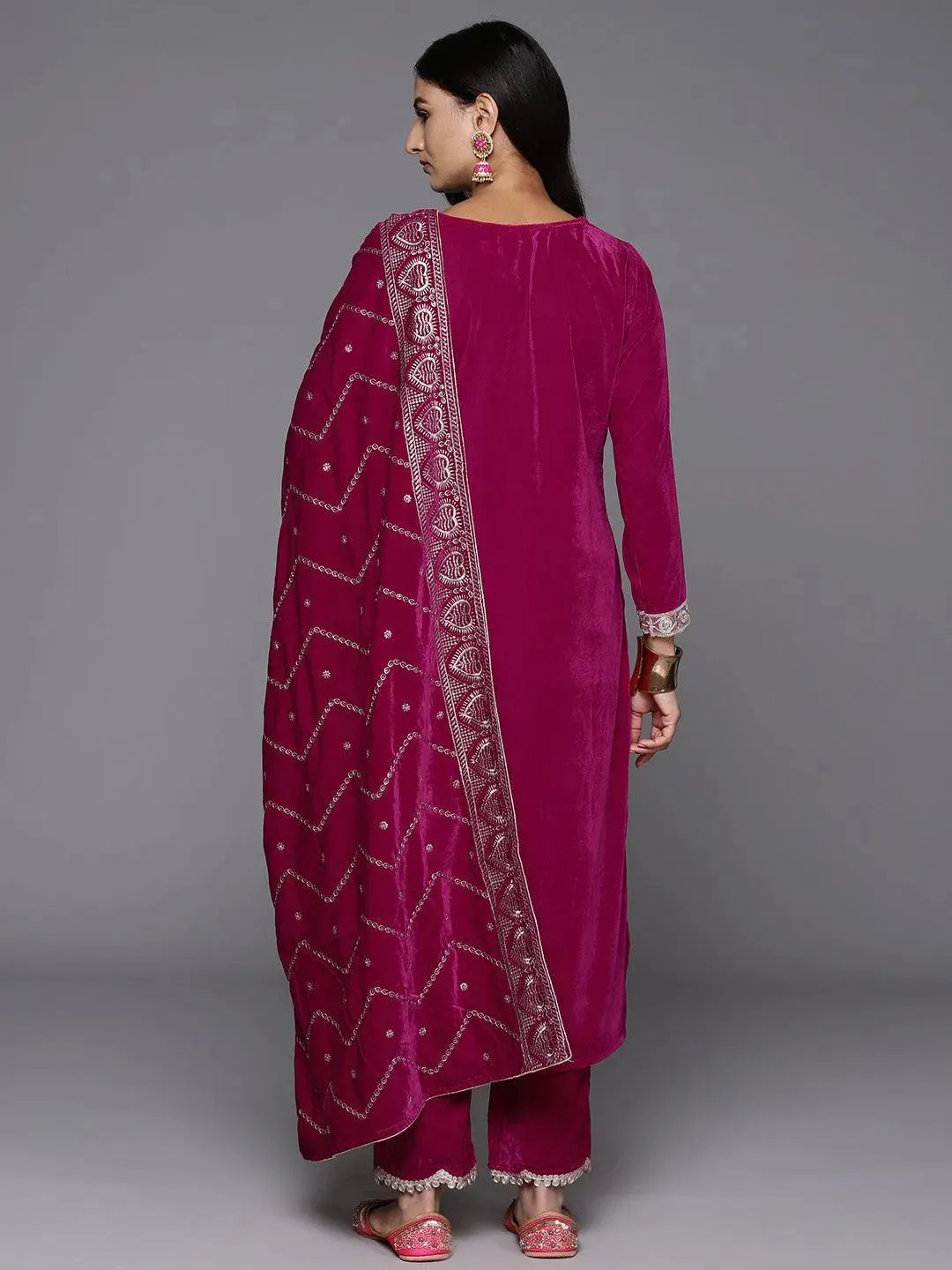 Pink Yoke Design Velvet Straight Suit With Dupatta