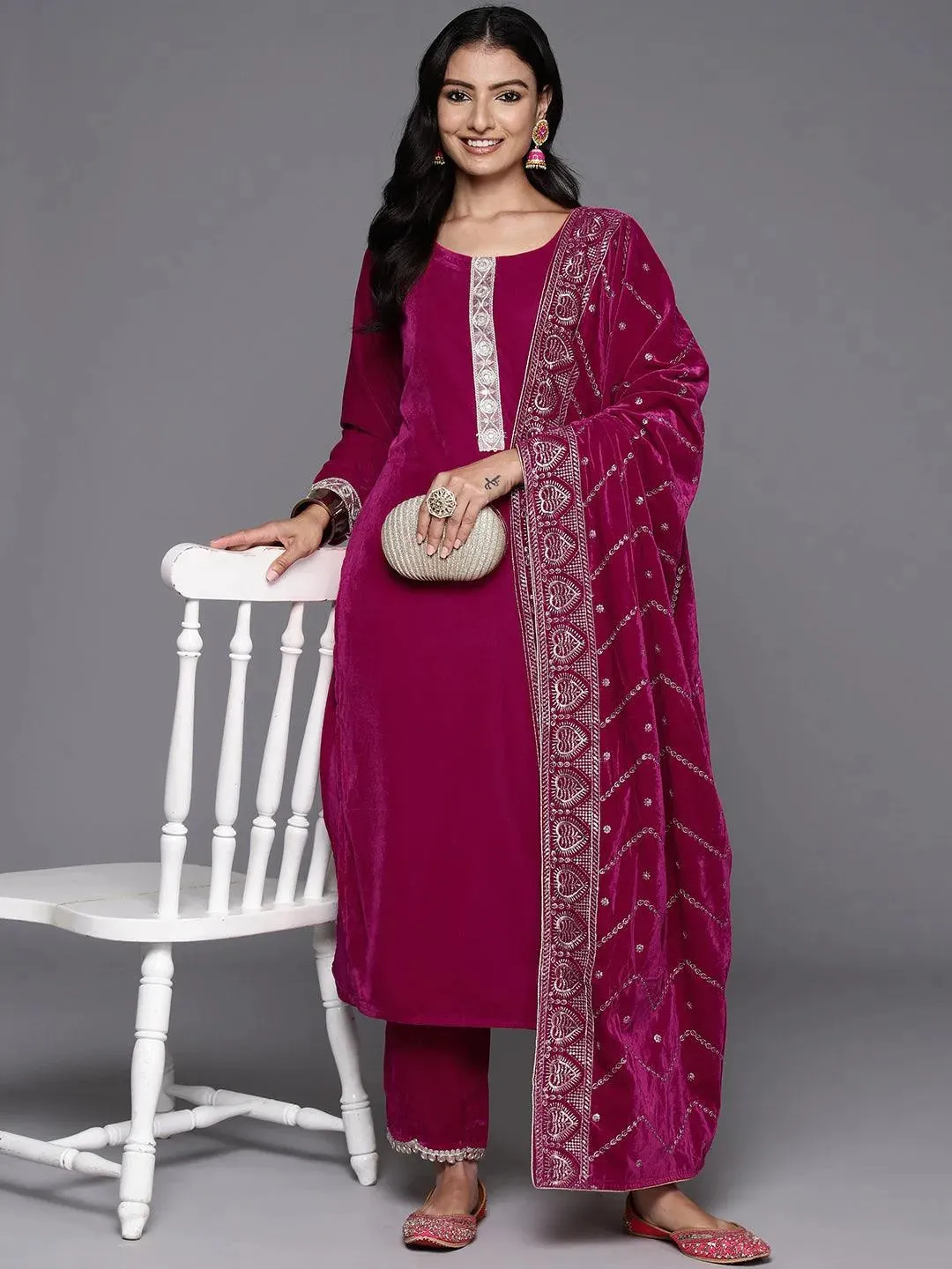 Pink Yoke Design Velvet Straight Suit With Dupatta