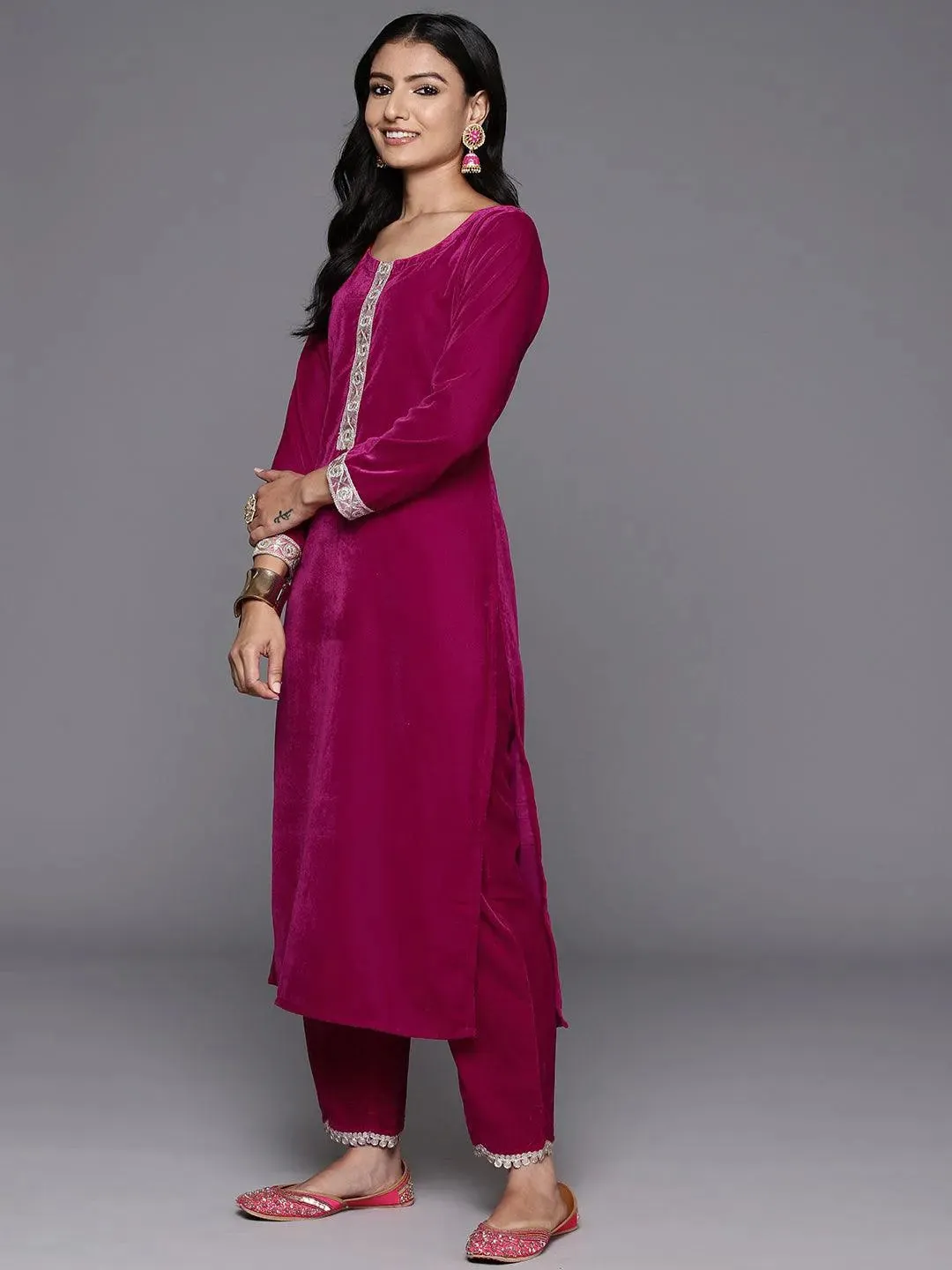 Pink Yoke Design Velvet Straight Suit With Dupatta