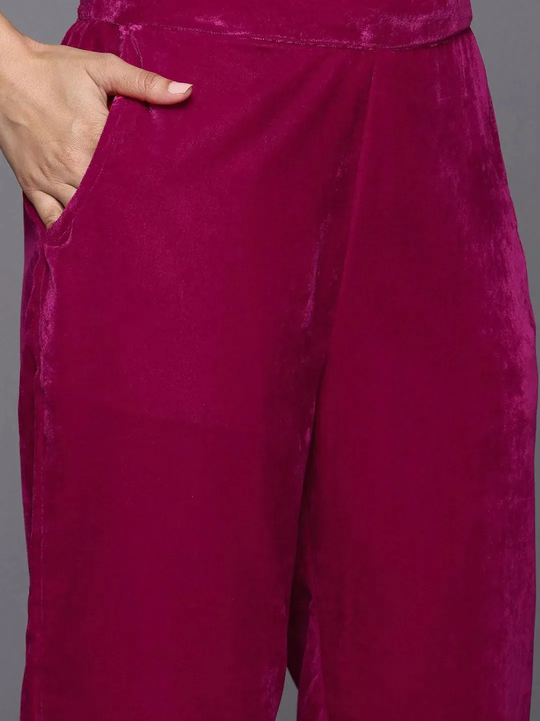 Pink Yoke Design Velvet Straight Suit With Dupatta