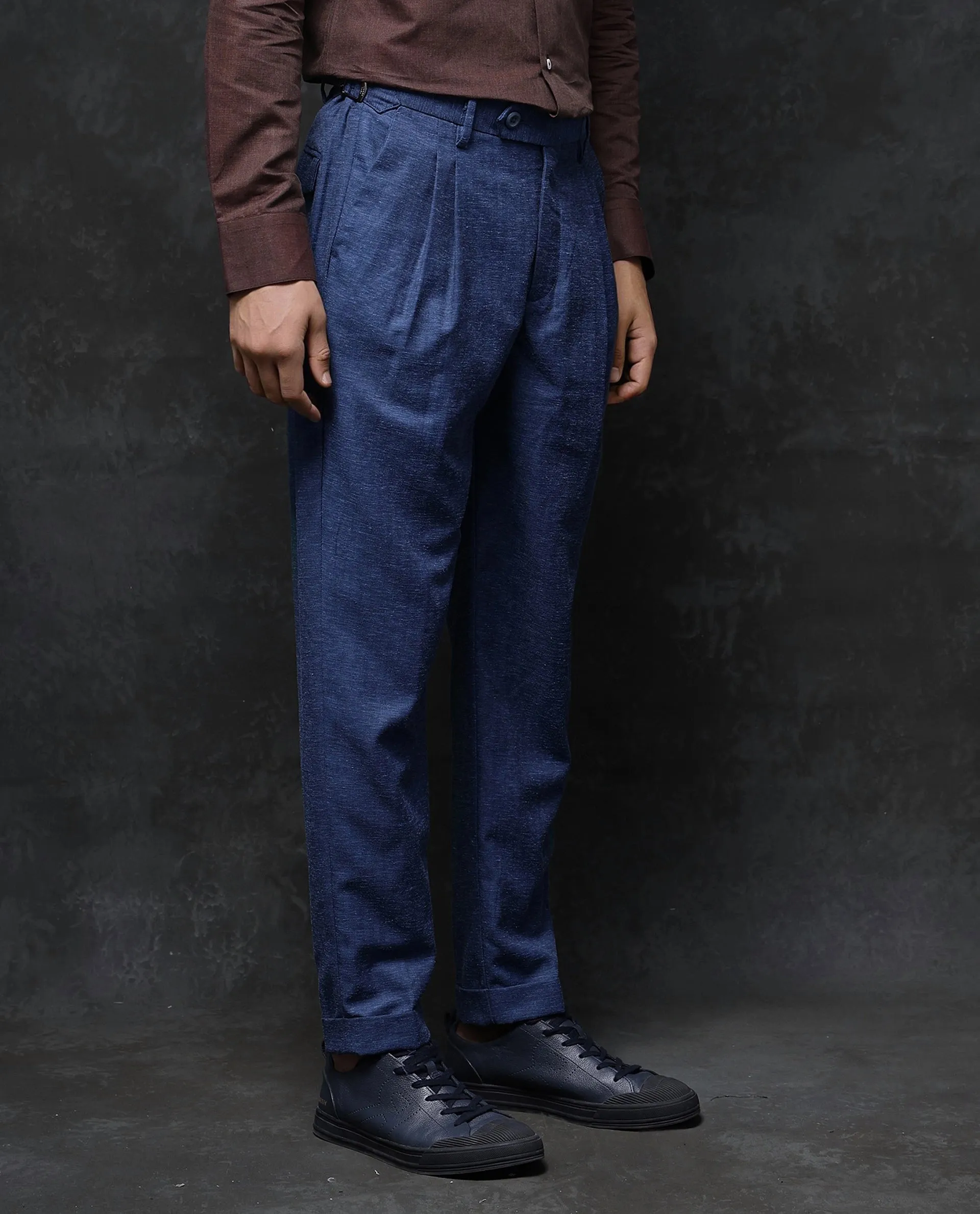 Rare Rabbit Men Rhesa Dark Teal Linen Blend Pleated Button Closure Relaxed Fit Plain Trouser