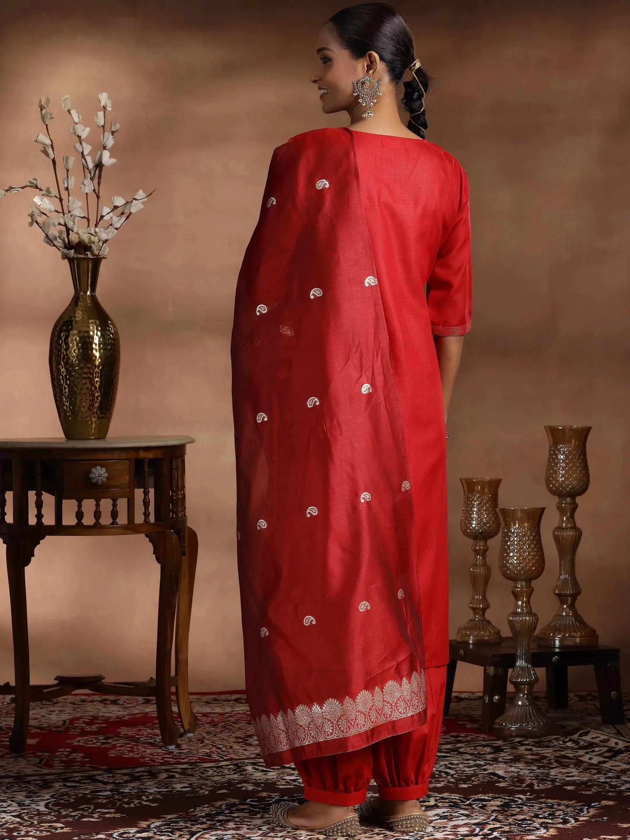 Red Solid Cotton Blend Straight Suit With Dupatta