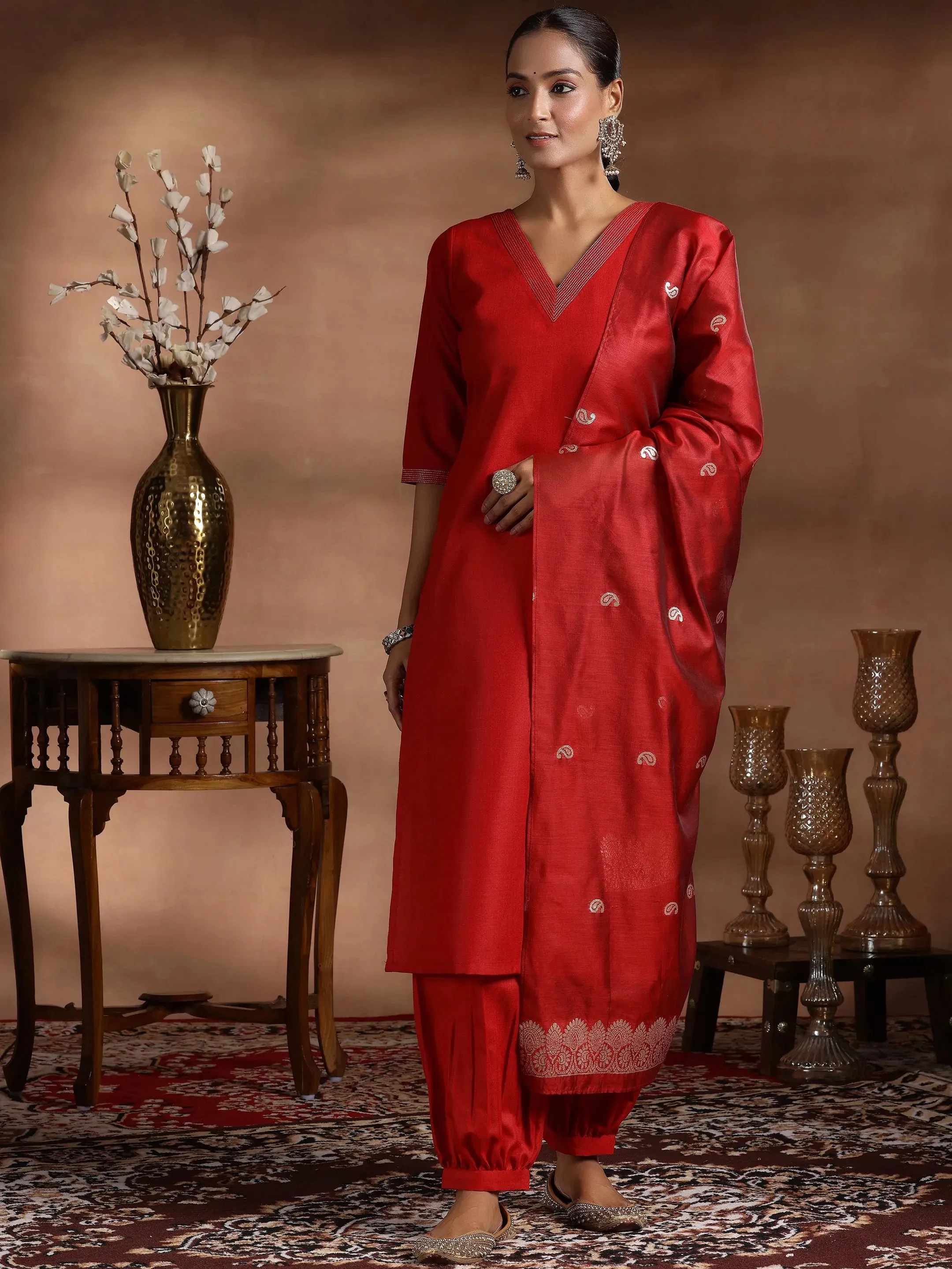 Red Solid Cotton Blend Straight Suit With Dupatta