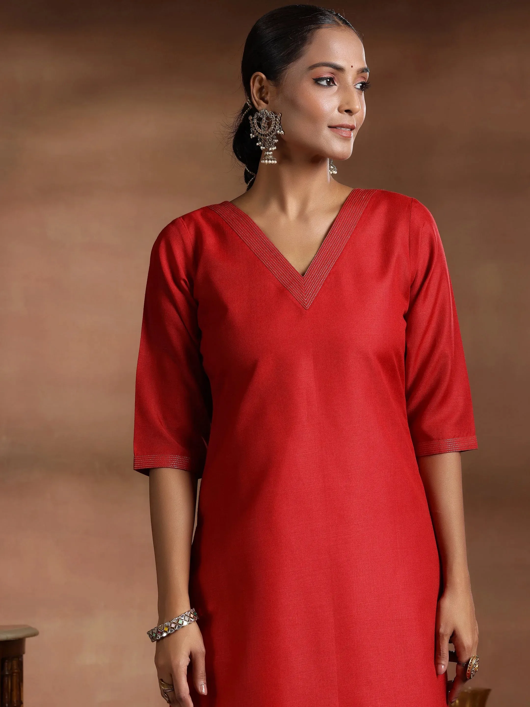 Red Solid Cotton Blend Straight Suit With Dupatta