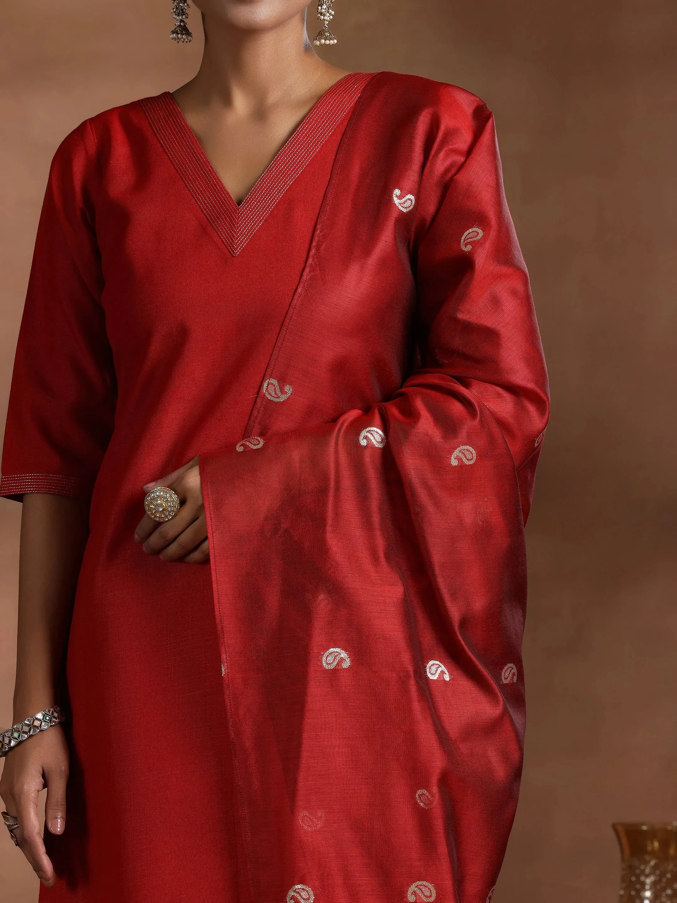 Red Solid Cotton Blend Straight Suit With Dupatta