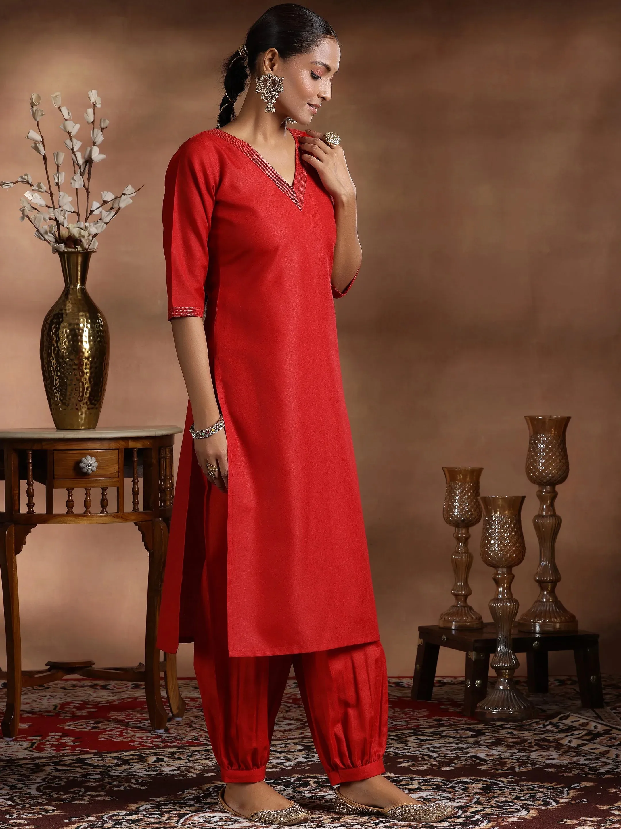 Red Solid Cotton Blend Straight Suit With Dupatta