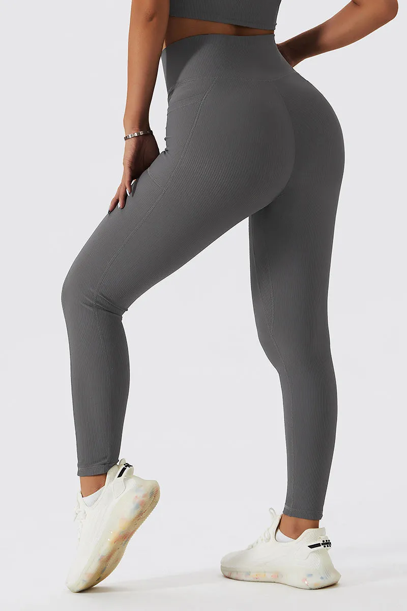 Ribbed V-Cross Leggings with Pockets