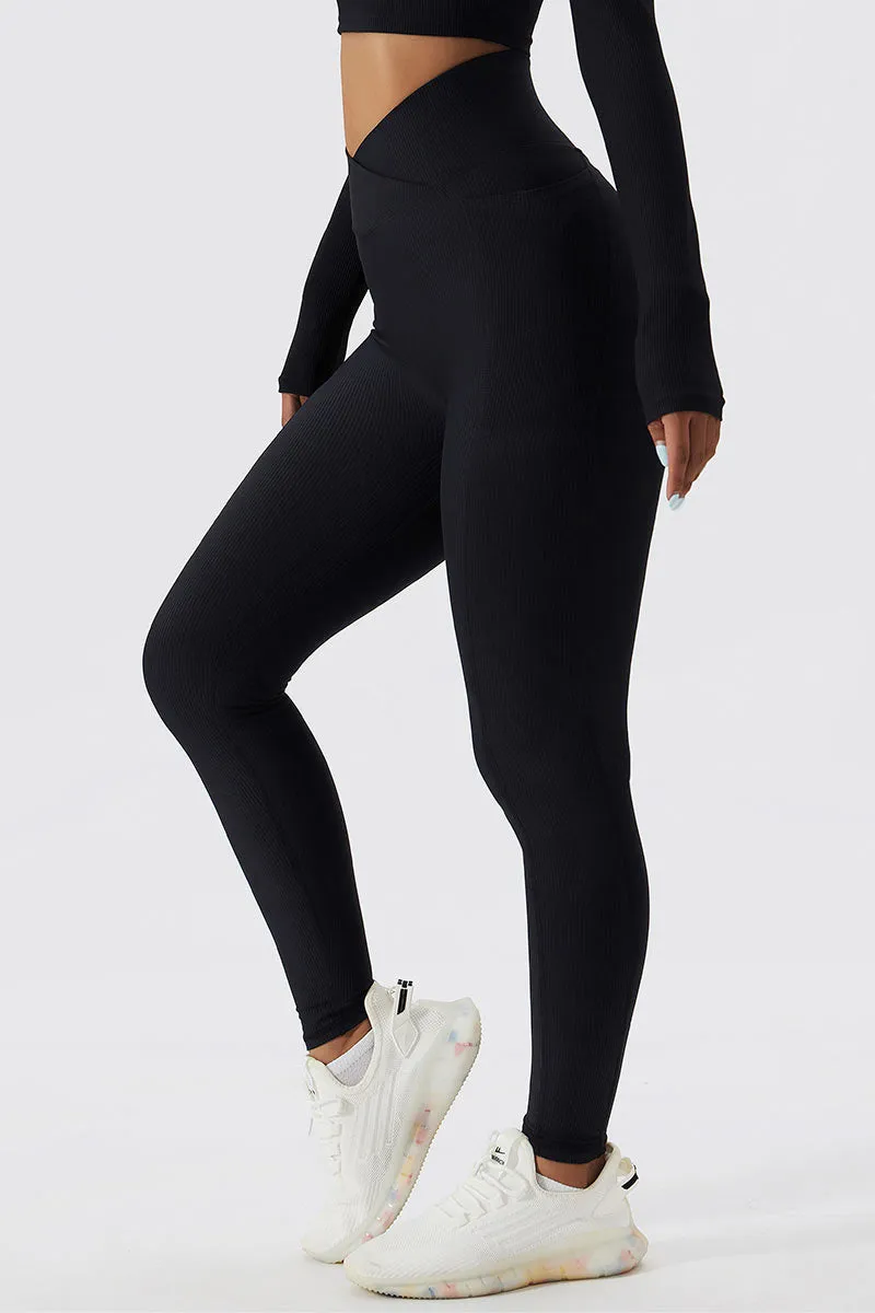 Ribbed V-Cross Leggings with Pockets