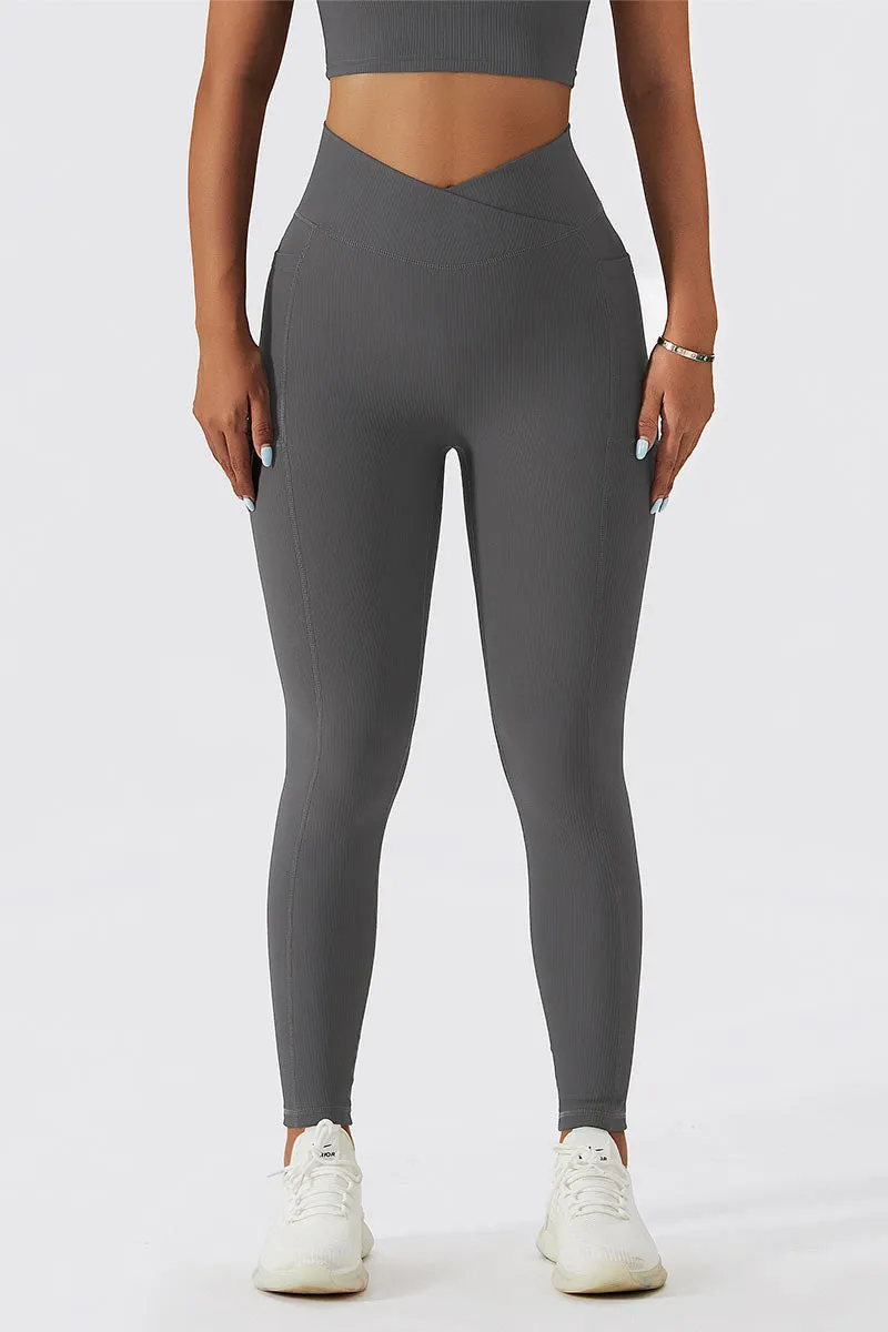 Ribbed V-Cross Leggings with Pockets