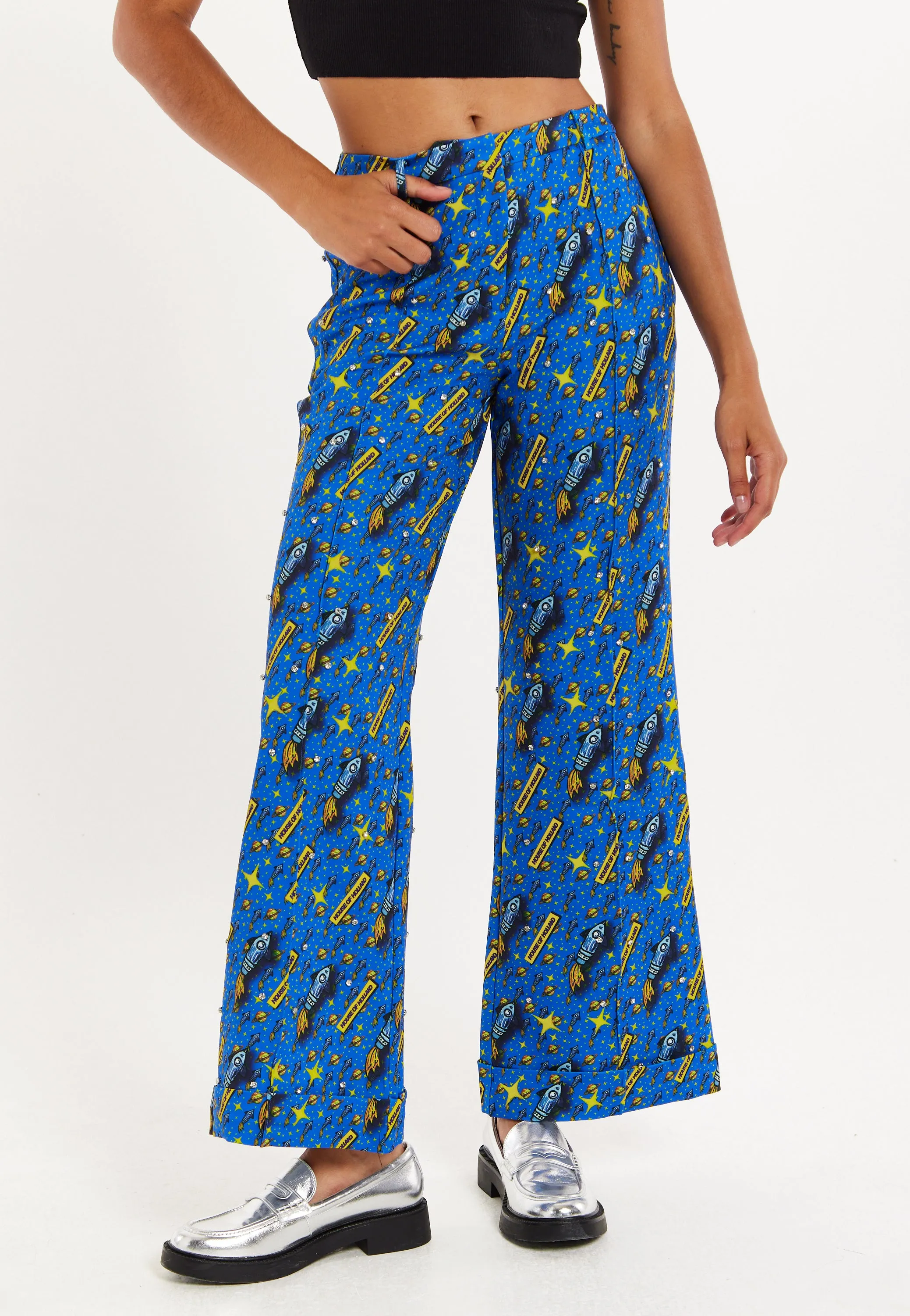 Rocket Print Diamante Embellish Trousers