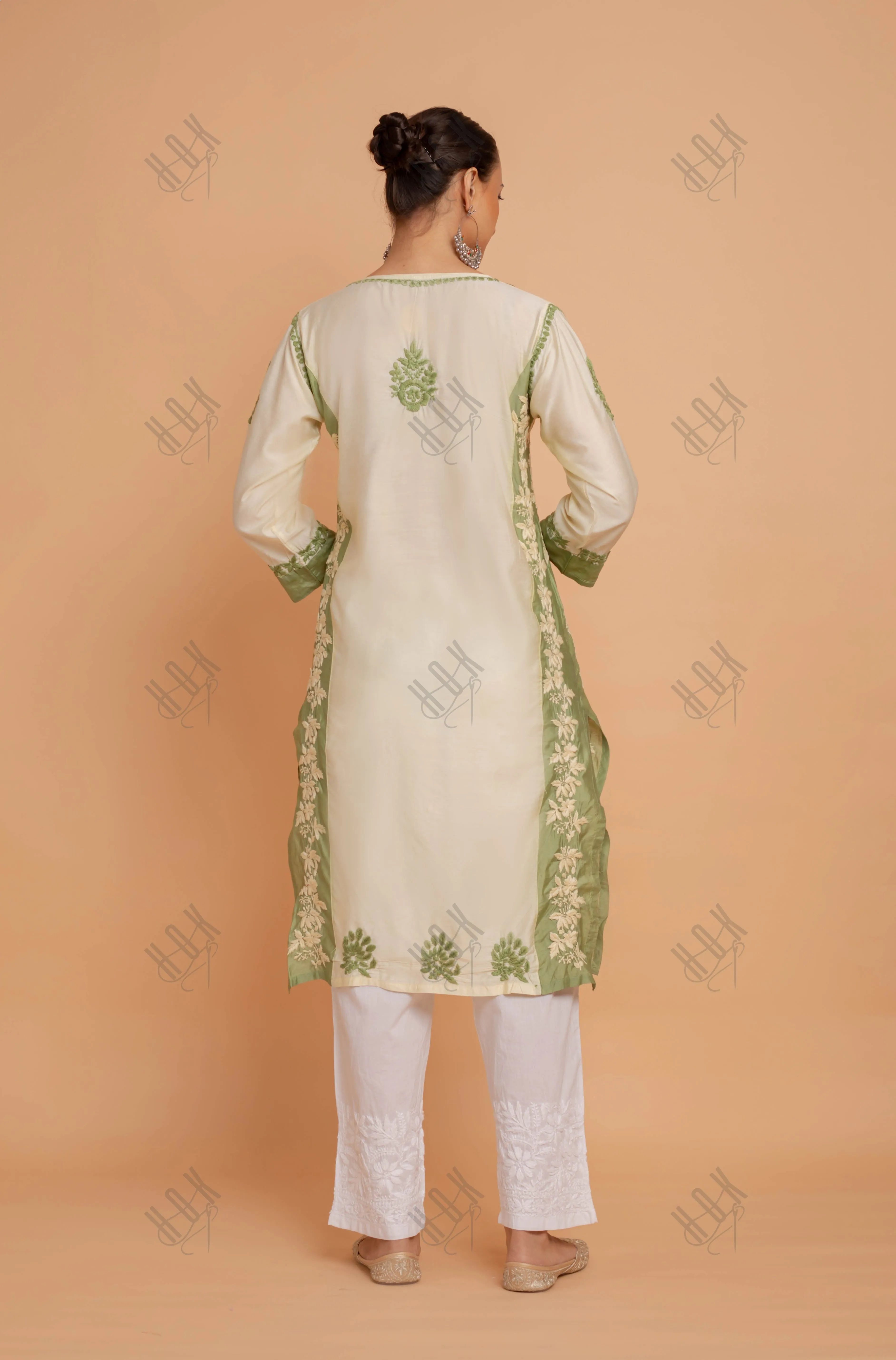 Saba Chikankari kurta in Chanderi Silk - Beige With Green