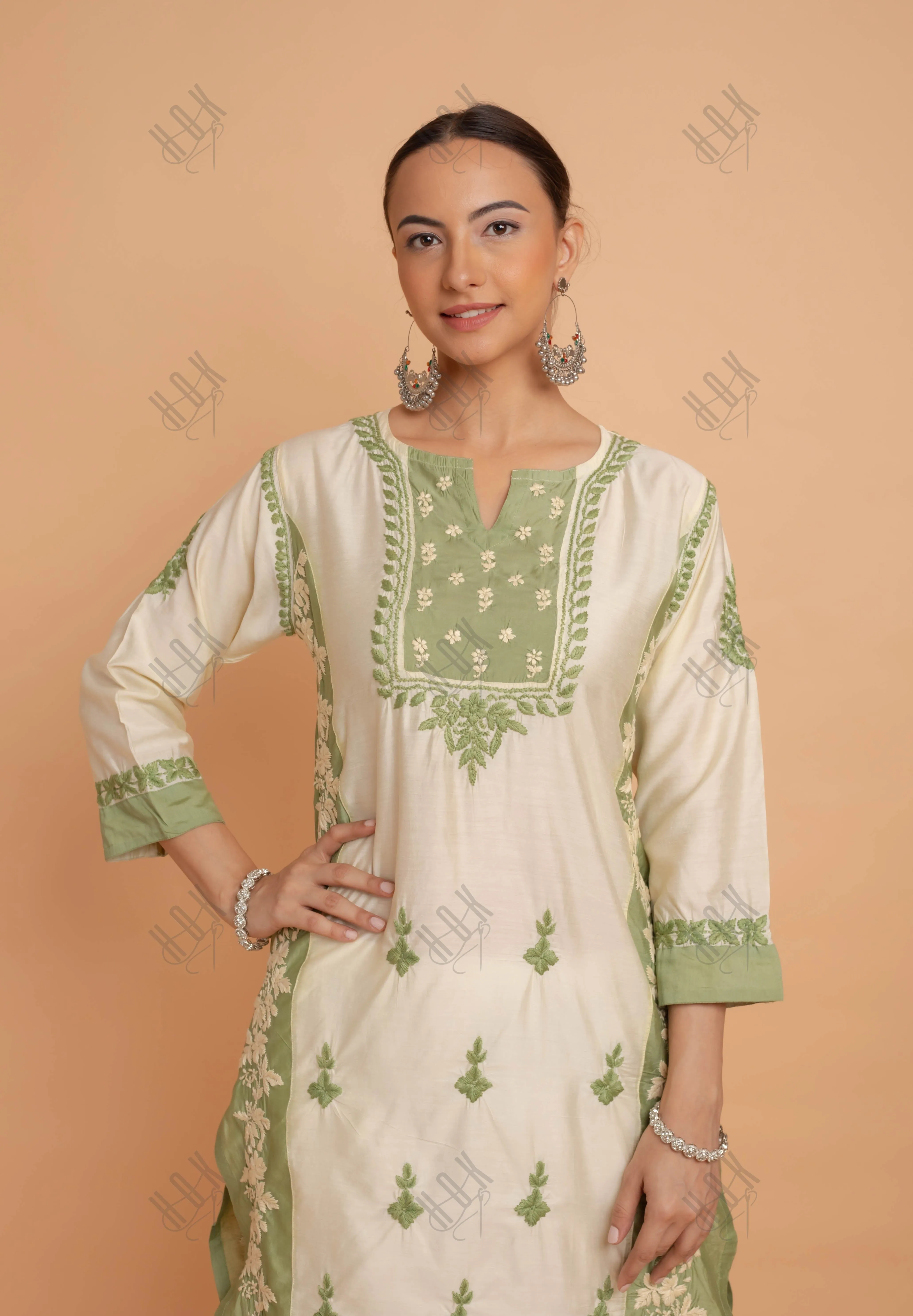 Saba Chikankari kurta in Chanderi Silk - Beige With Green