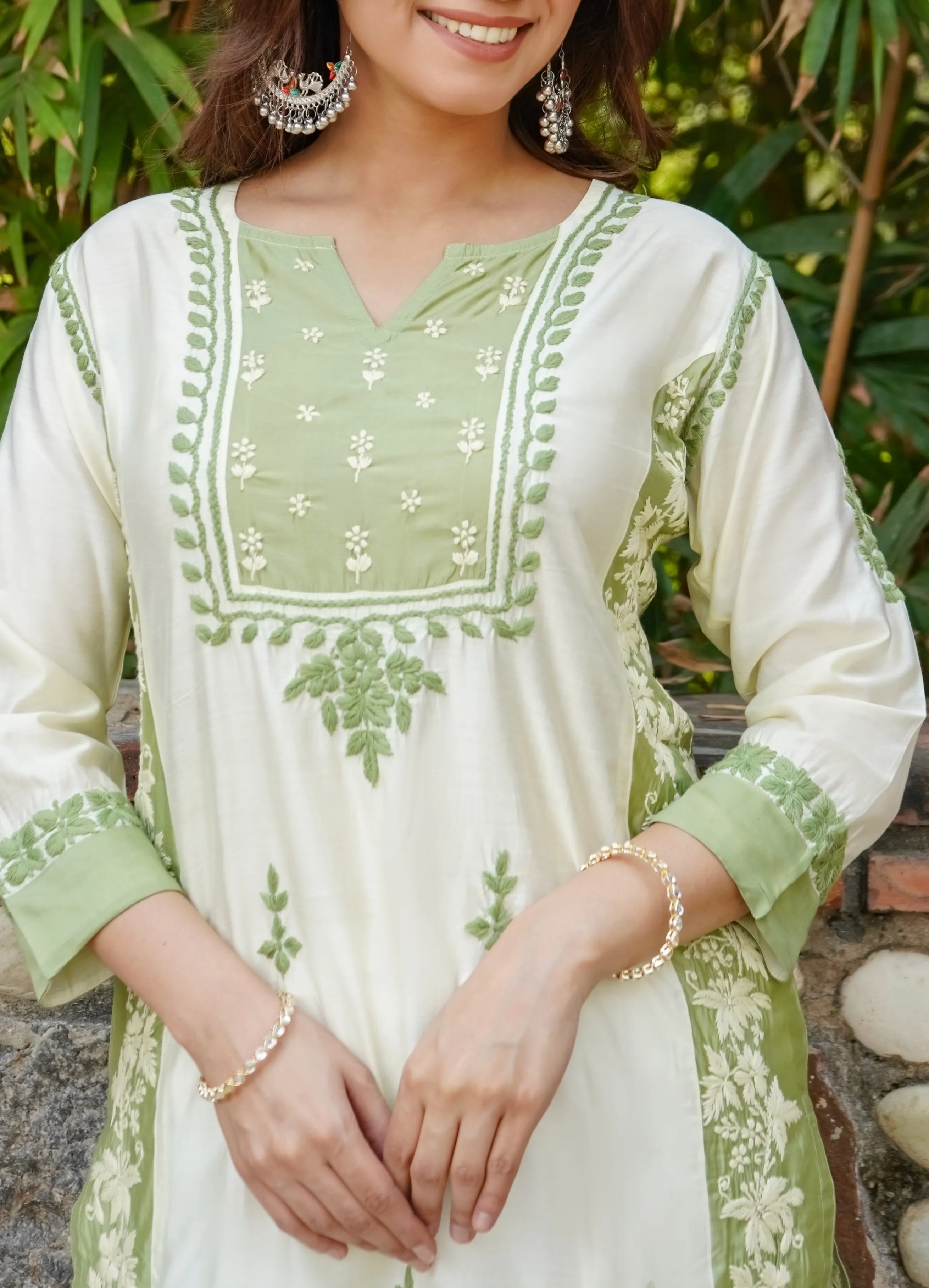 Saba Chikankari kurta in Chanderi Silk - Beige With Green