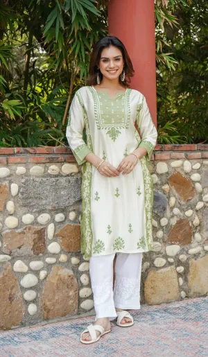 Saba Chikankari kurta in Chanderi Silk - Beige With Green