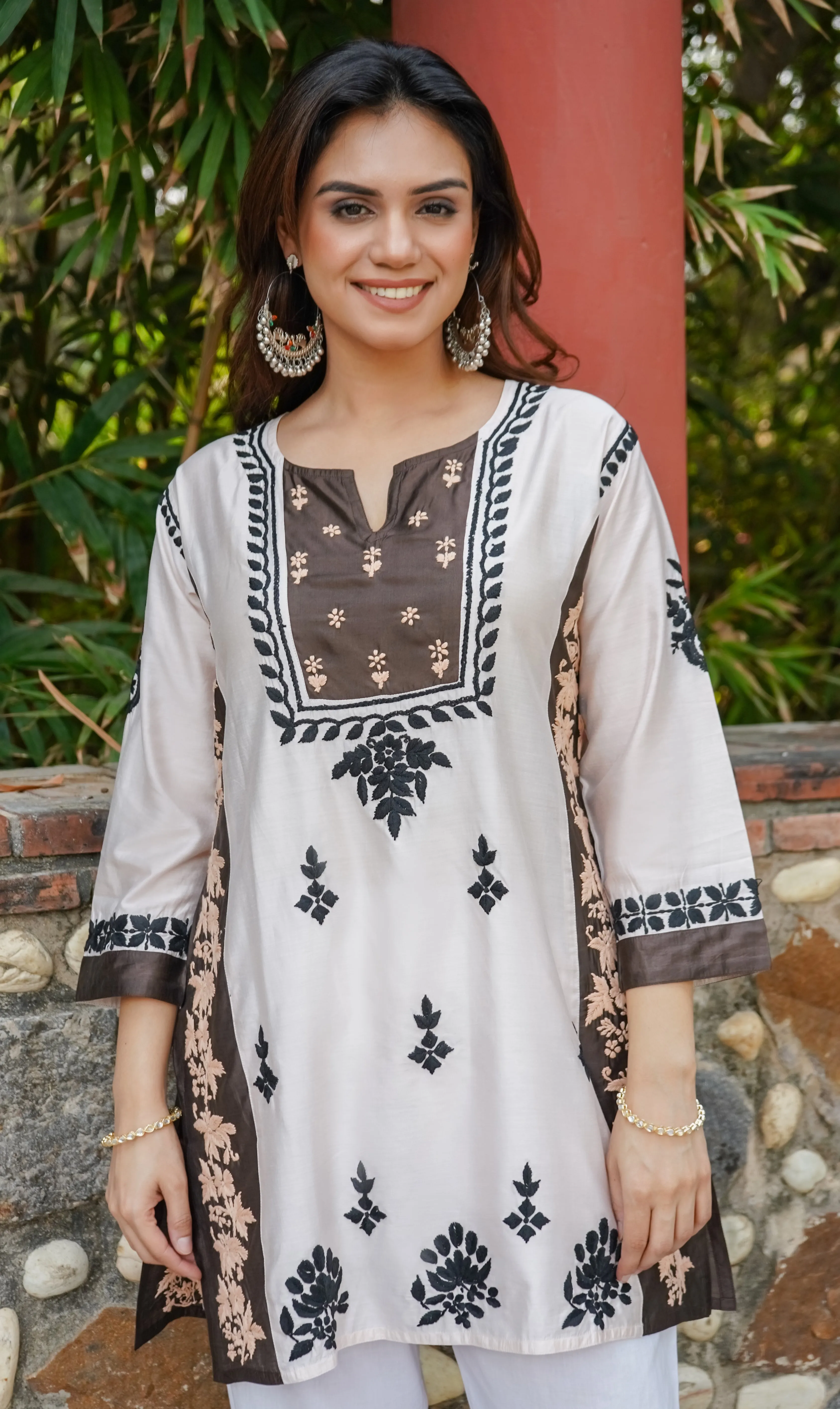 Saba Chikankari Short kurta in Chanderi Silk - White Dark Brown