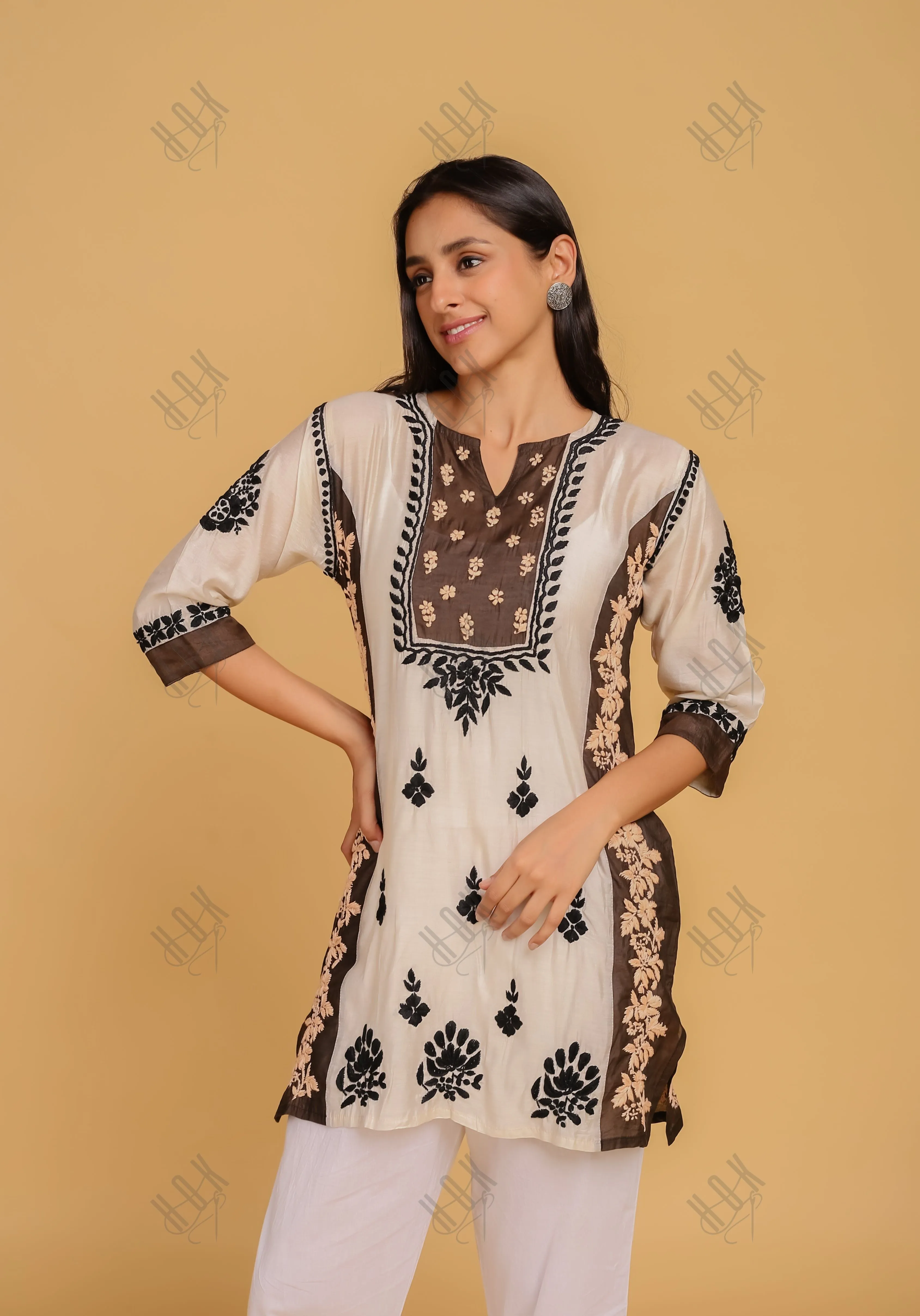 Saba Chikankari Short kurta in Chanderi Silk - White Dark Brown