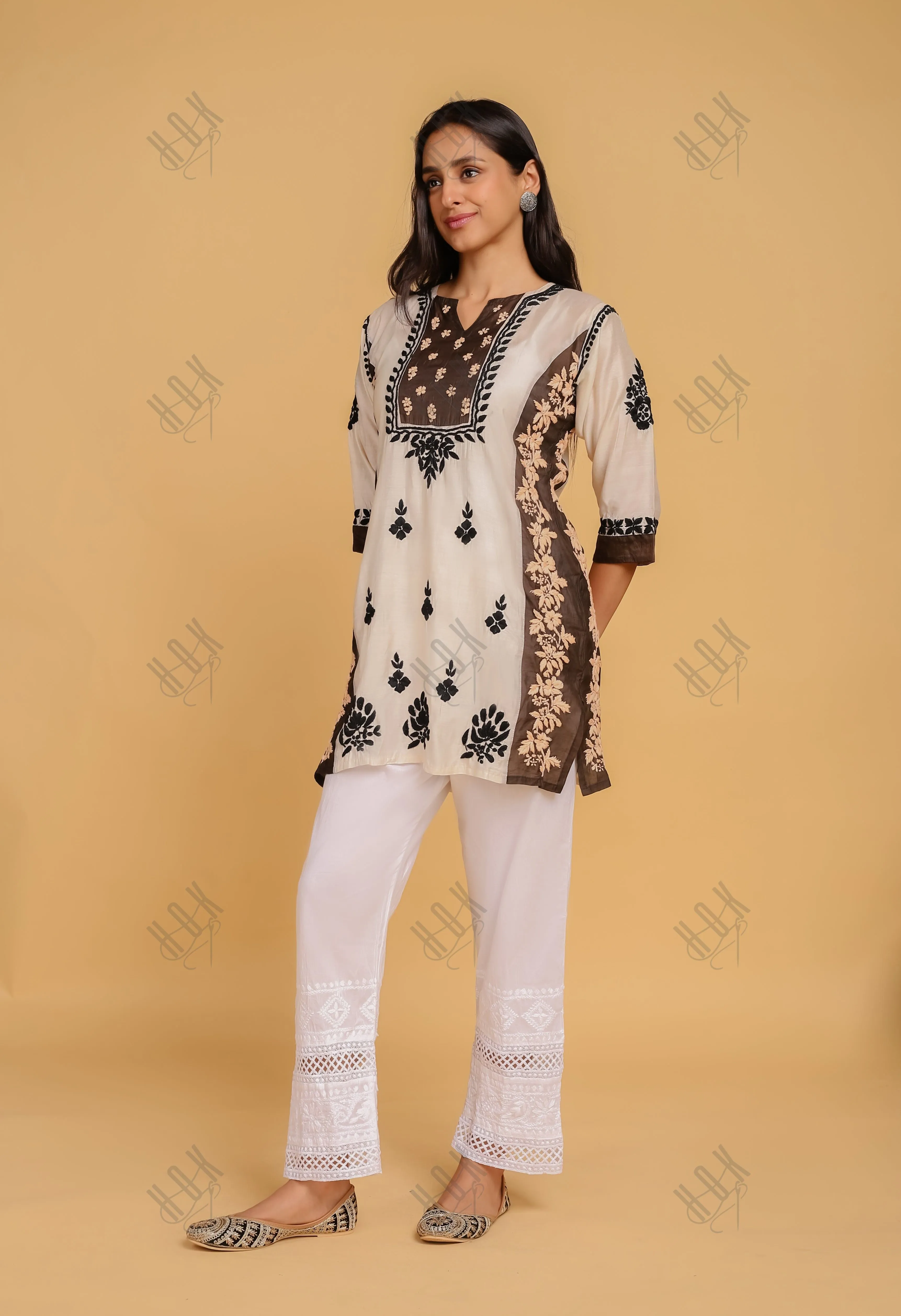 Saba Chikankari Short kurta in Chanderi Silk - White Dark Brown