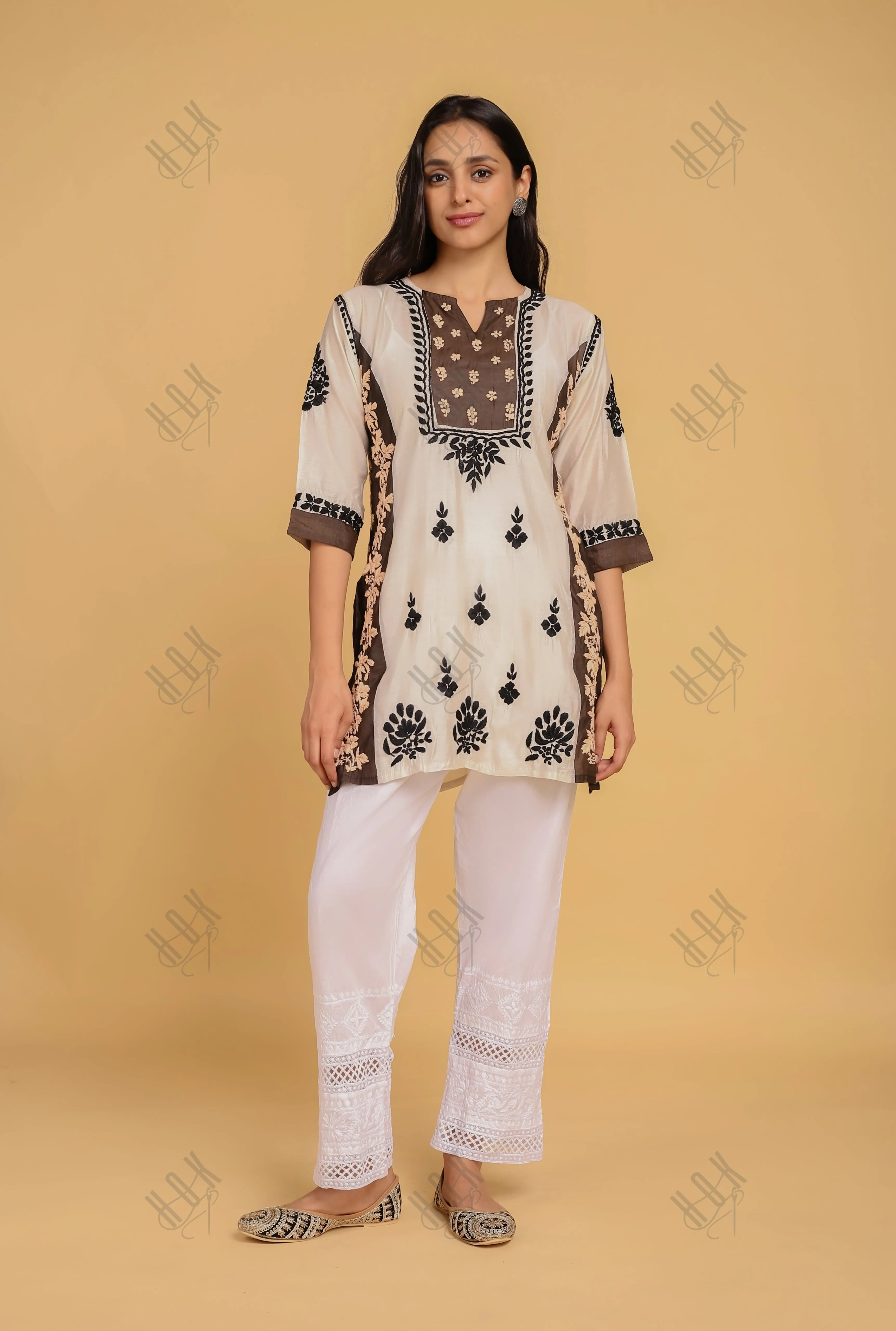 Saba Chikankari Short kurta in Chanderi Silk - White Dark Brown