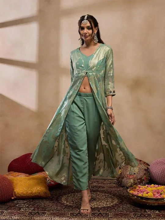 Sea Green Crop Top With Palazzo Pants and Shrug Set