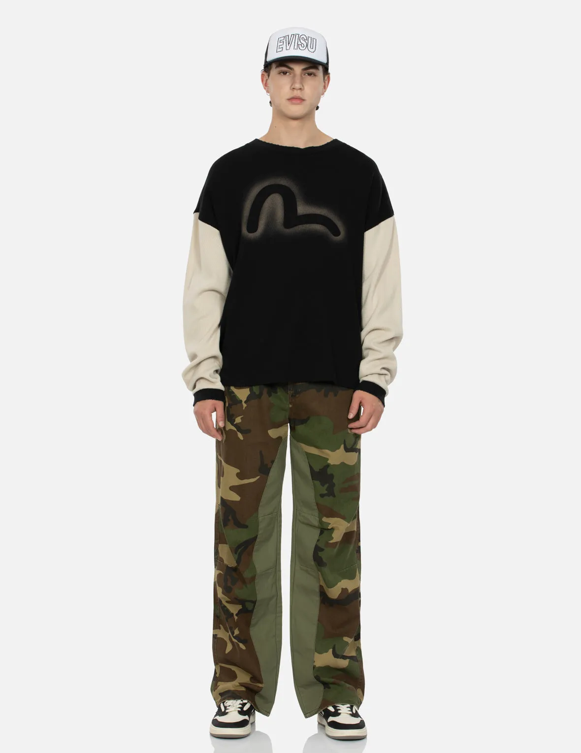 Seagull Appliqué Embroidery Baggy Fit Camo Parachute Pants