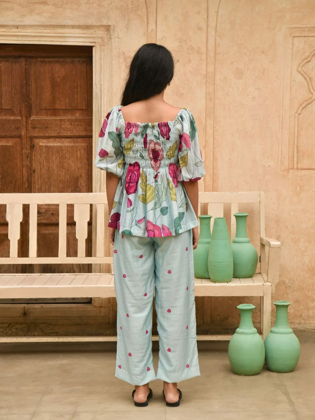 Vivid Sky Blue Silk High-Waist Straight Pants